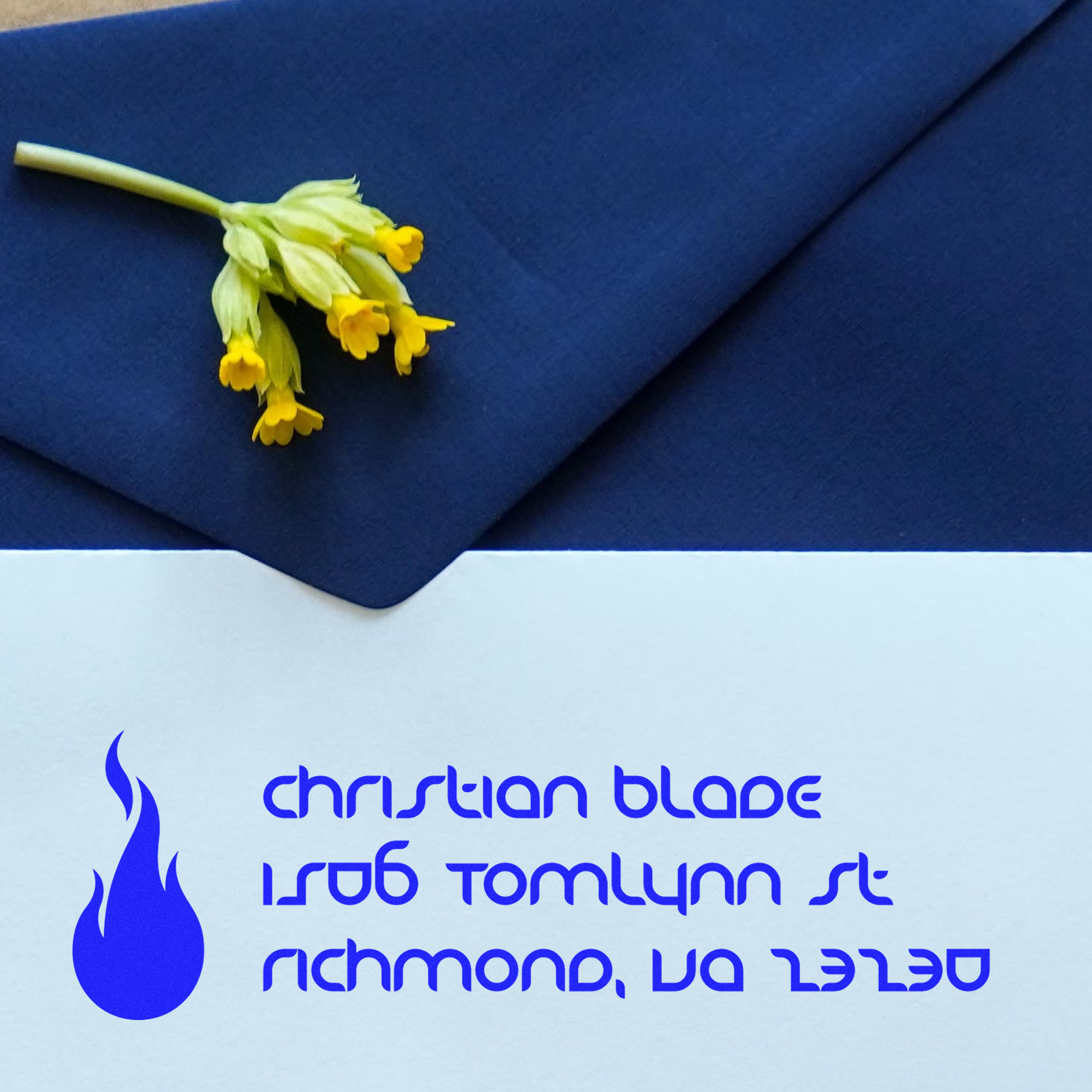 Custom rubber stamp return address with flame logo for Christian Blade, Richmond, VA.
