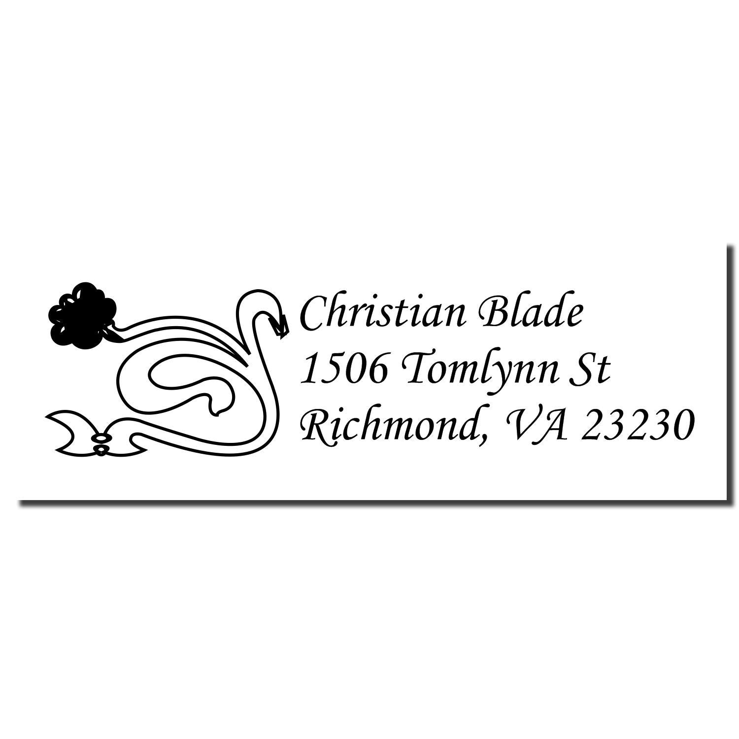 Custom return address rubber stamp with decorative flourish for Christian Blade, 1506 Tomlynn St, Richmond, VA 23230.