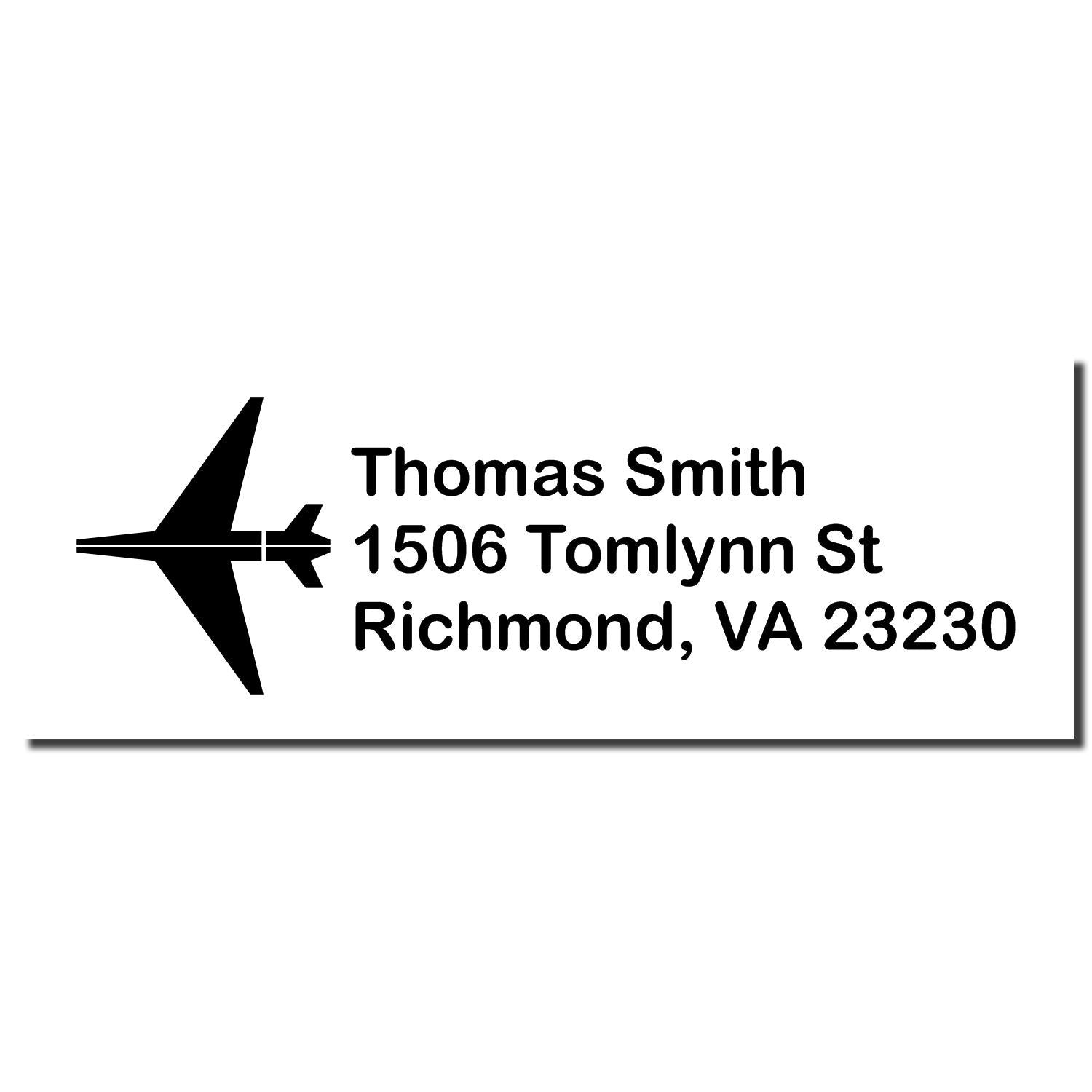 Custom rubber stamp with airplane icon and return address for Thomas Smith, 1506 Tomlynn St, Richmond, VA 23230.