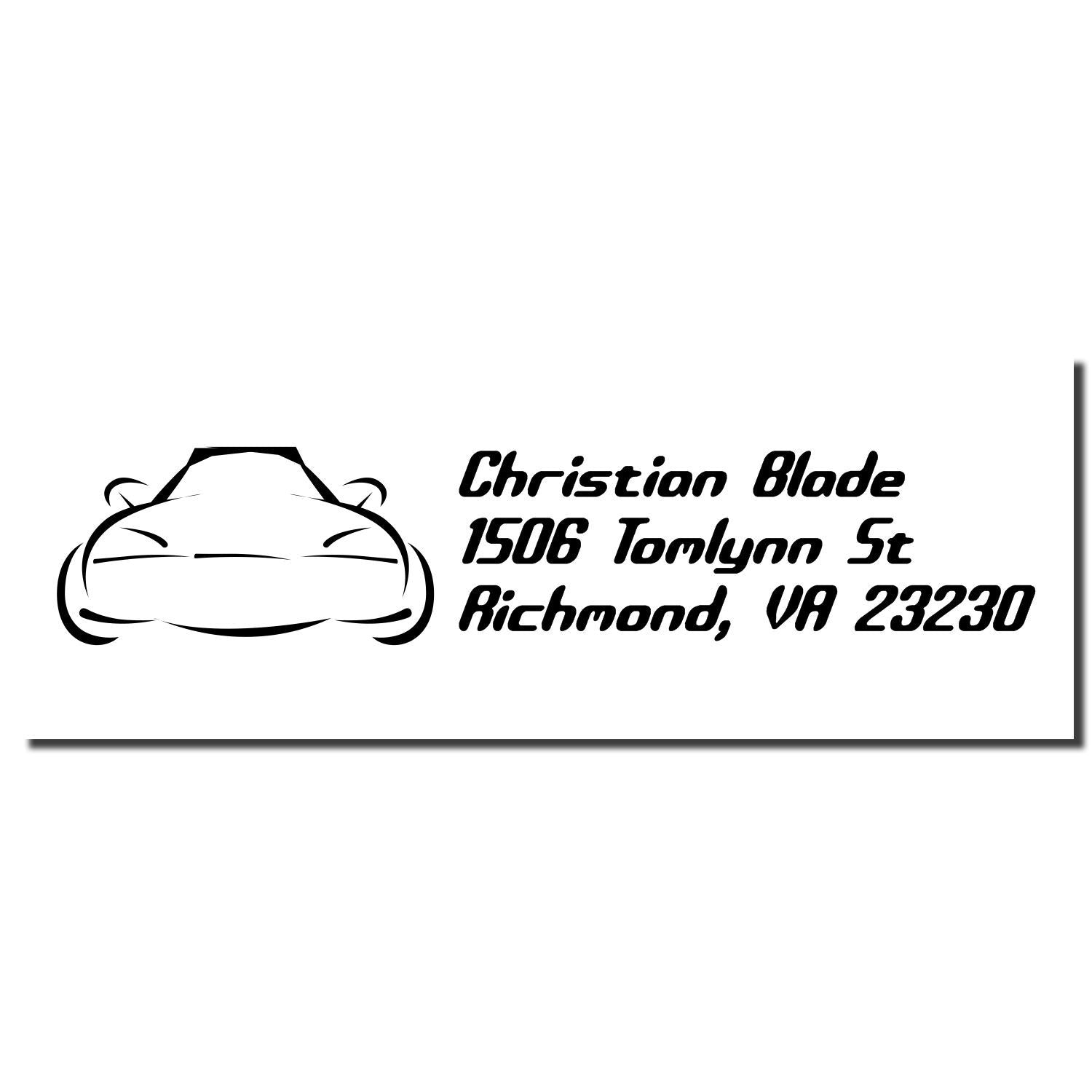 Custom automotive address rubber stamp with sports car logo and Christian Blade, 1506 Tomlynn St, Richmond, VA 23230