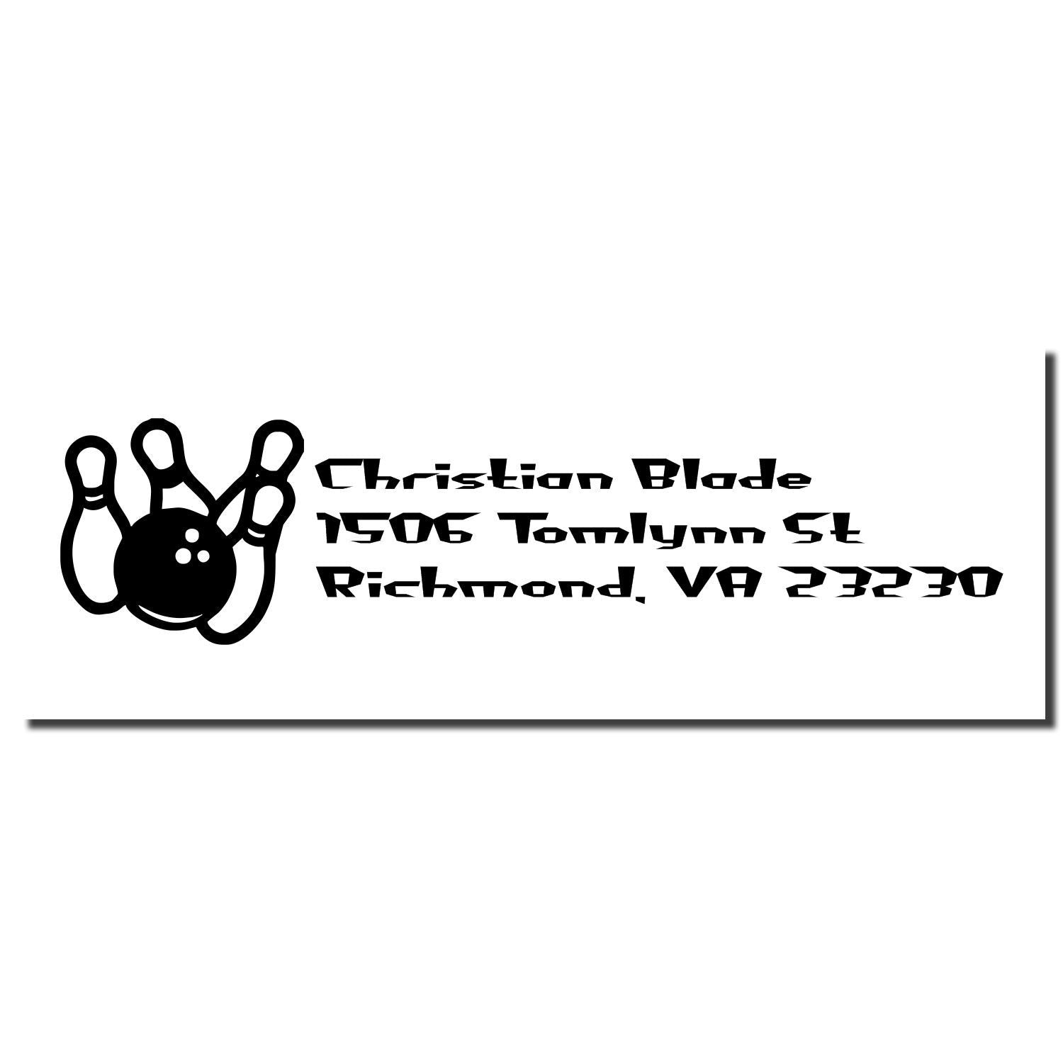 Custom personalized bowling return address rubber stamp with pins and ball for Christian Blade, Richmond, VA 23230.