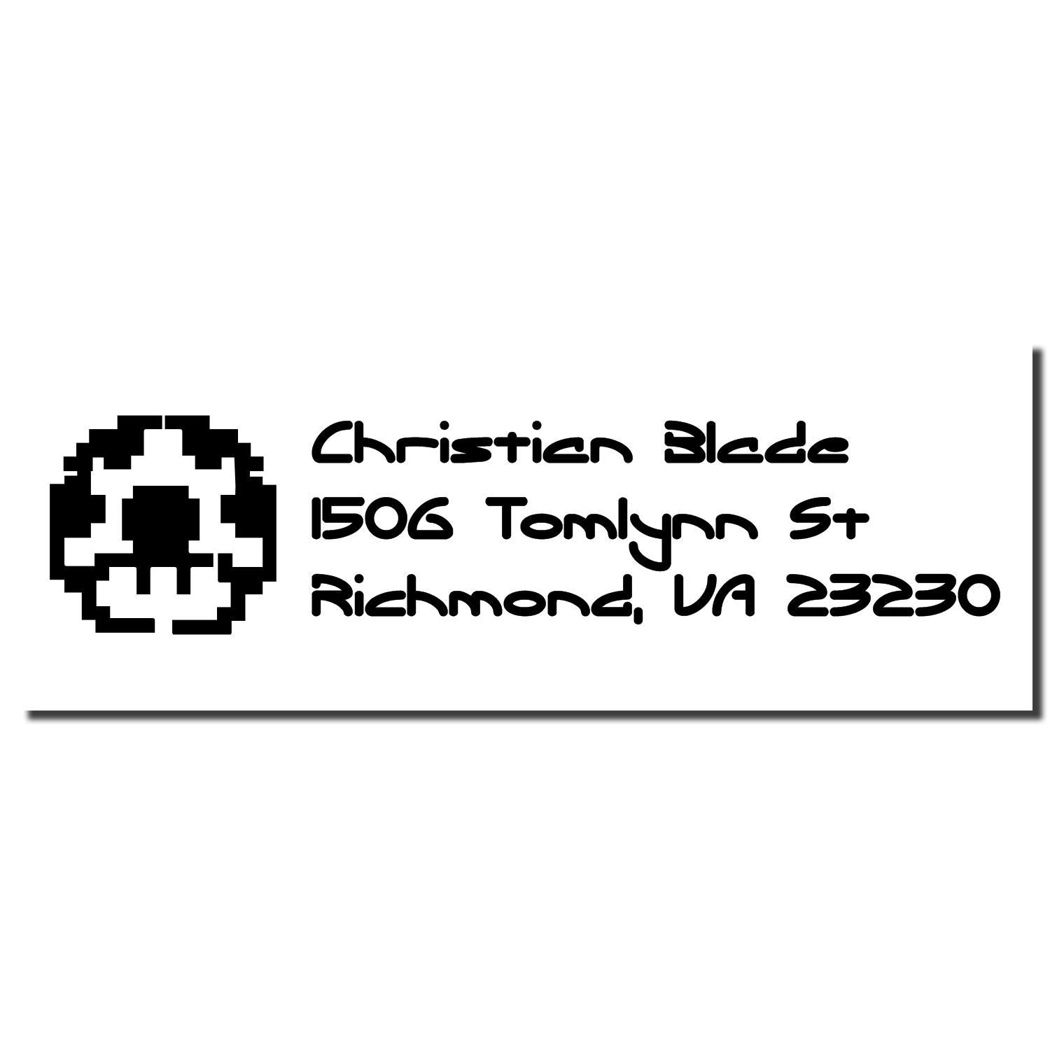 Custom return address rubber stamp with pixel-style logo, Christian Bled, 1506 Tomlynn St, Richmond, VA 23230.