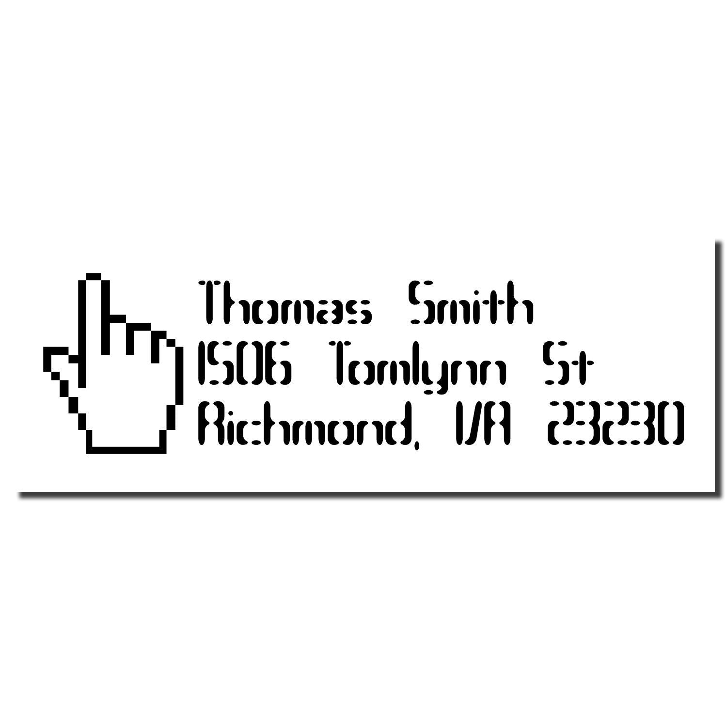 Personalized rubber address stamp for Thomas Smith, 1506 Tomblyn St, Richmond, VA 23230, with click-hand icon.