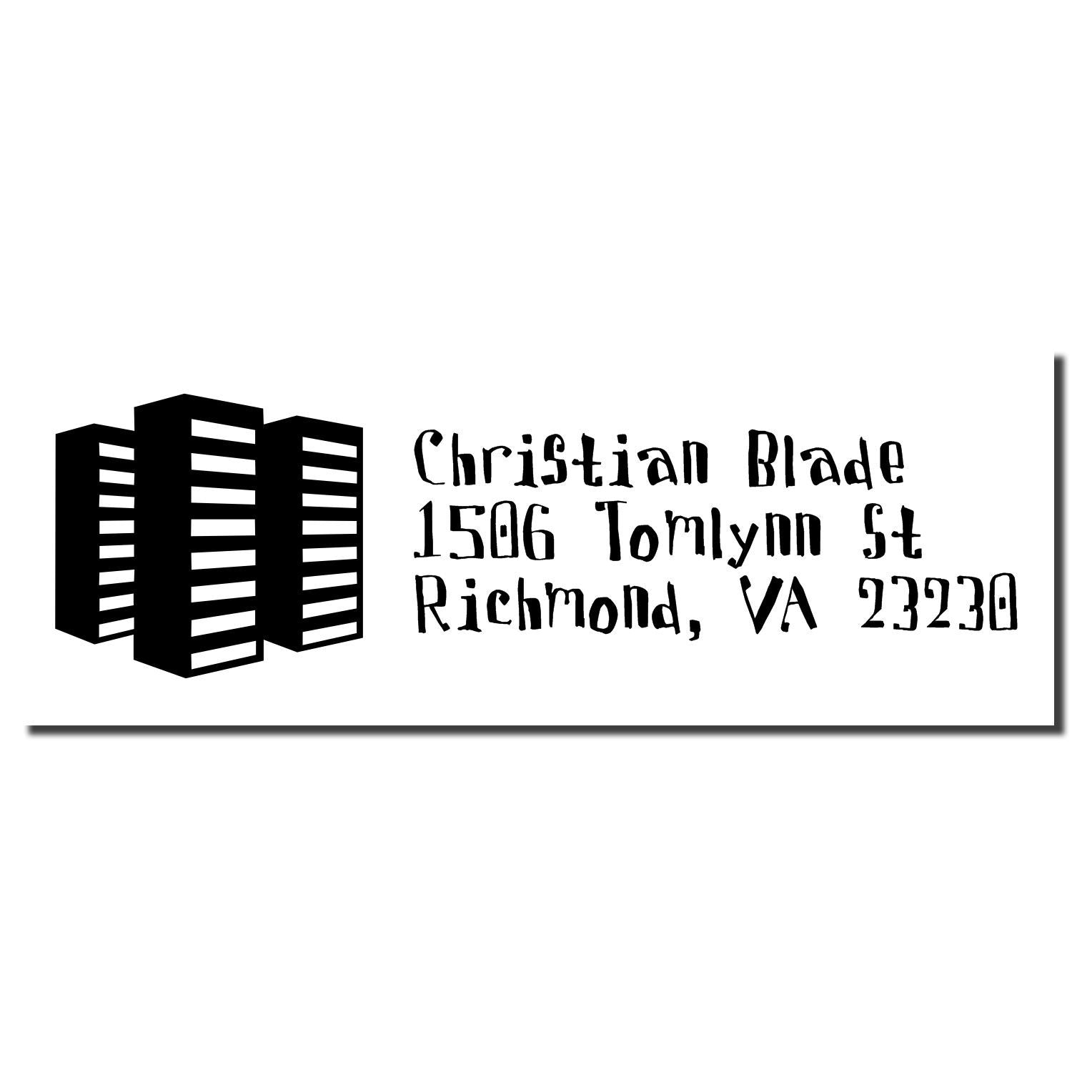 Custom Christian Blade return address rubber stamp with logo, 1506 Tomlynn St, Richmond, VA 23230