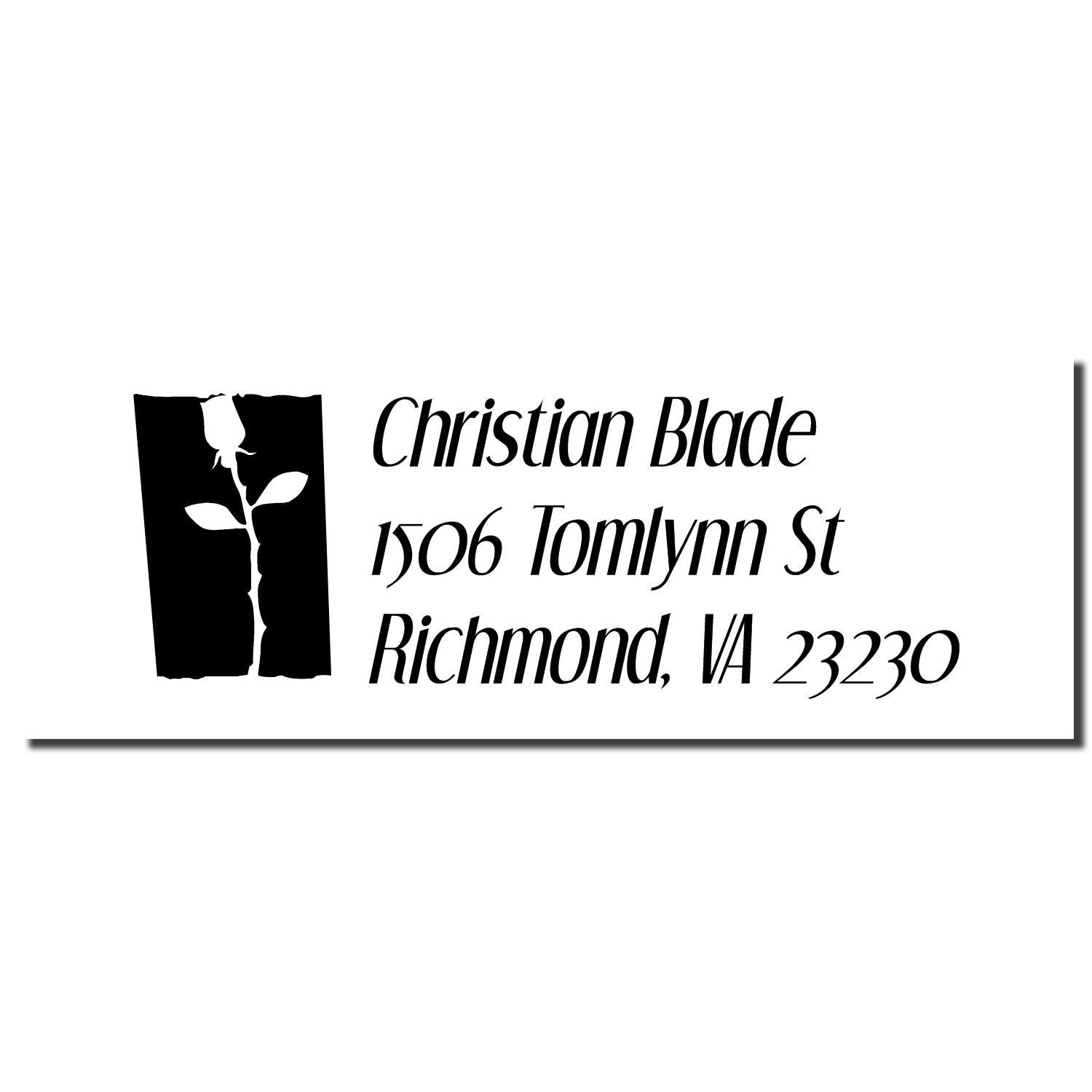 Custom rubber address stamp for Christian Blade, 1506 Tomlynn St, Richmond, VA 23230, with floral rose logo.