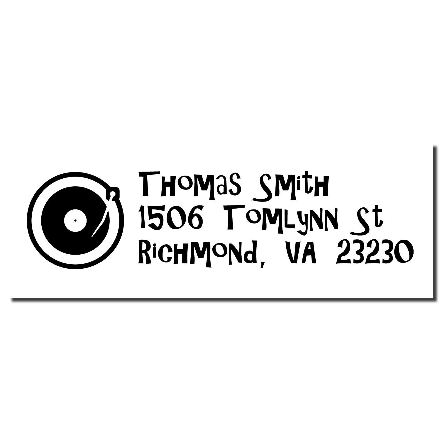 Custom return address rubber stamp with record icon for Thomas Smith, 1506 Tomlyn St, Richmond, VA 23230.