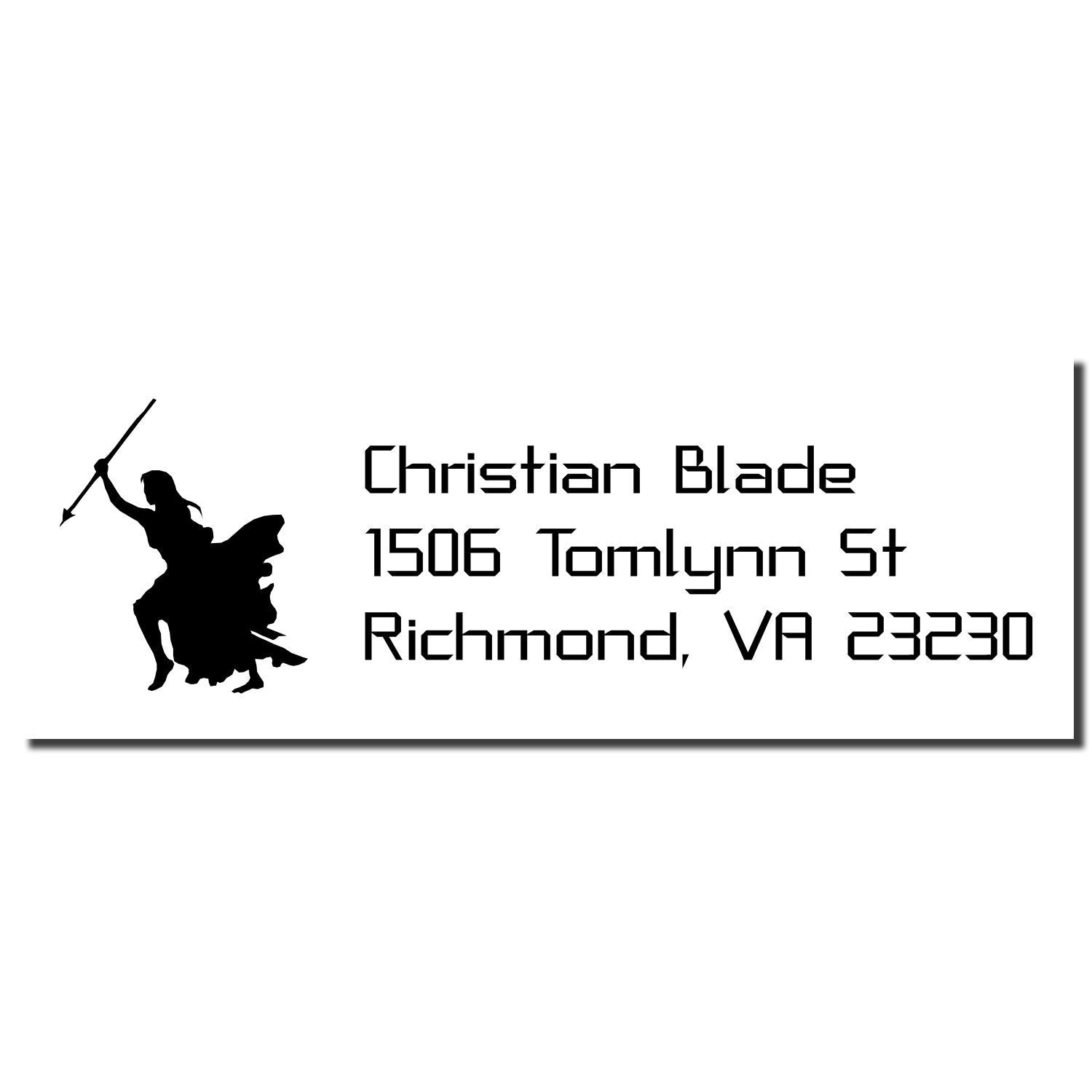 Custom rubber address stamp with Christian Blade name, Richmond VA address, and sword silhouette logo.