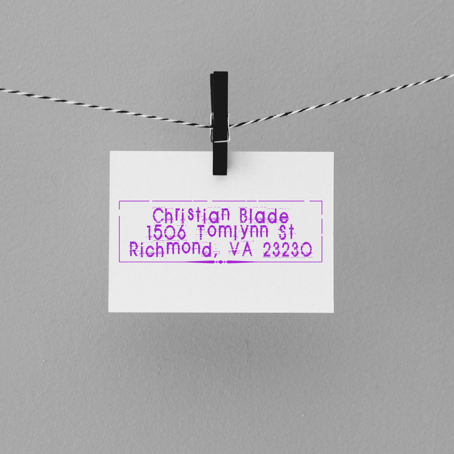 Custom return address rubber stamp sample for Christian Blade, 1506 Tomilynn St, Richmond, VA 23230.