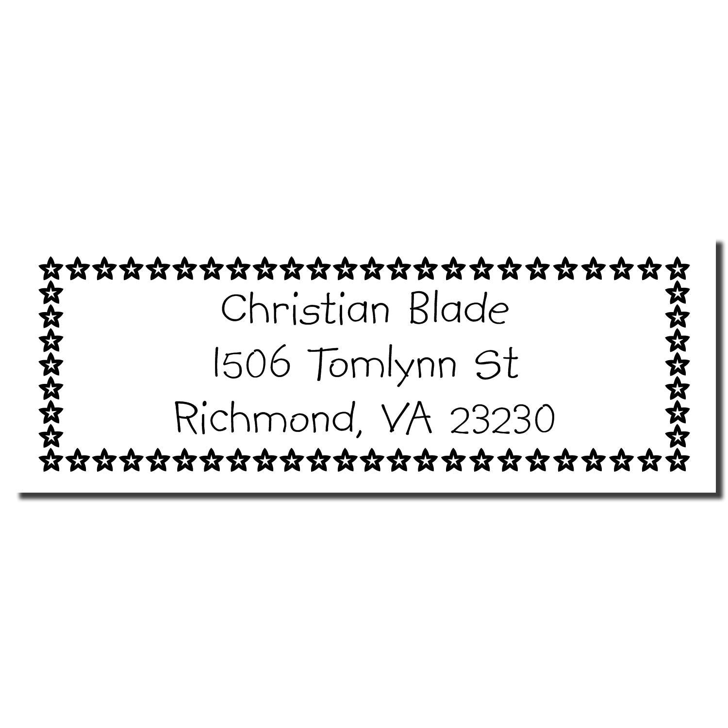 Custom rubber stamp with star border for Christian Blade address, Richmond, VA 23230.