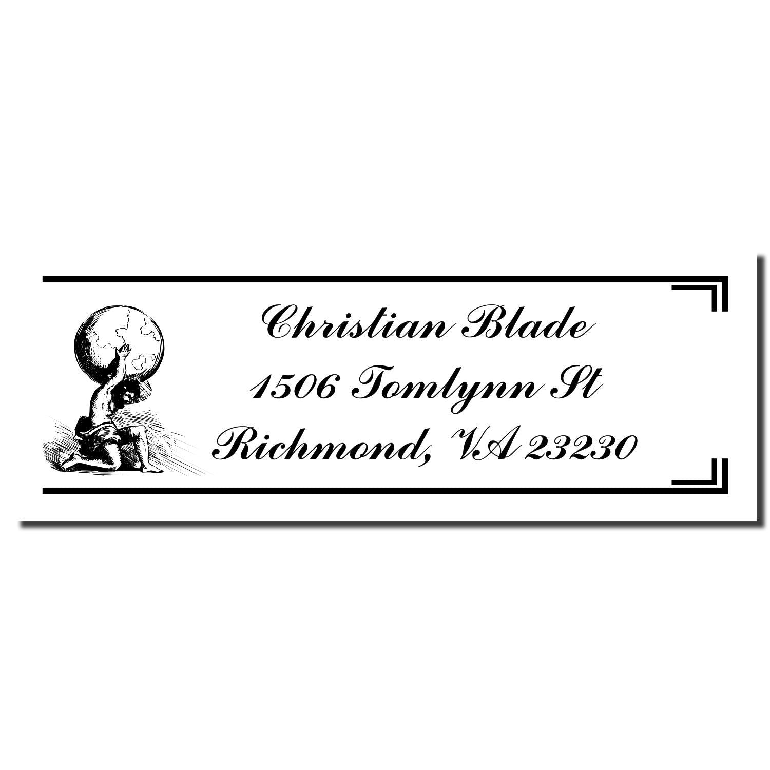 Custom return address rubber stamp for Christian Blade, 1506 Tomlynn St, Richmond, VA 23230, with Atlas globe artwork.