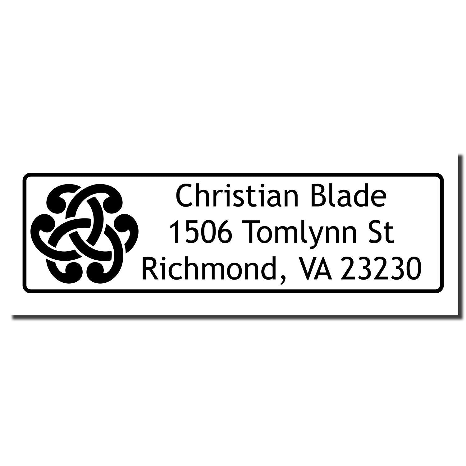Personalized rubber address stamp with Celtic knot logo for Christian Blade, Richmond, VA 23230.