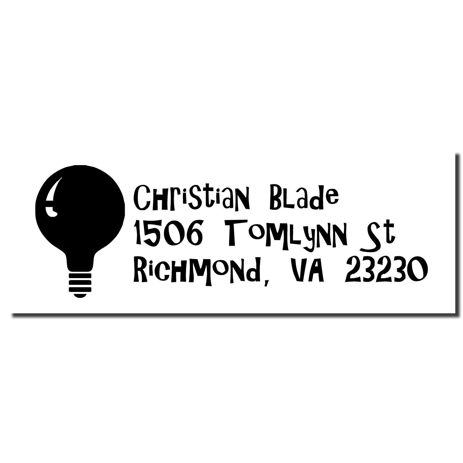 Custom rubber return address stamp with lightbulb logo for Christian Blade, 1506 Tomlynn St, Richmond, VA 23230.