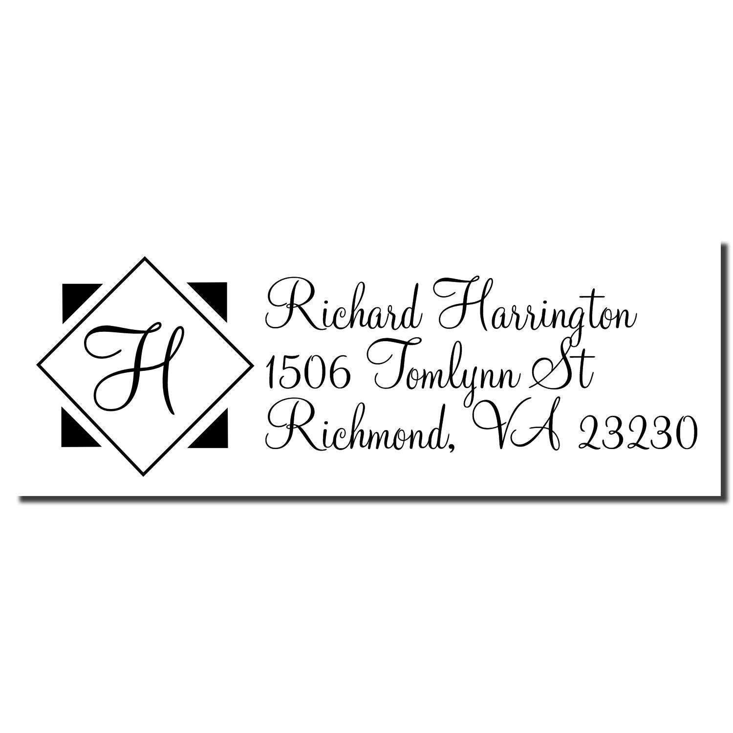 Personalized monogram address rubber stamp for Richard Harrington, 1506 Tomlynn St, Richmond, VA 23230.