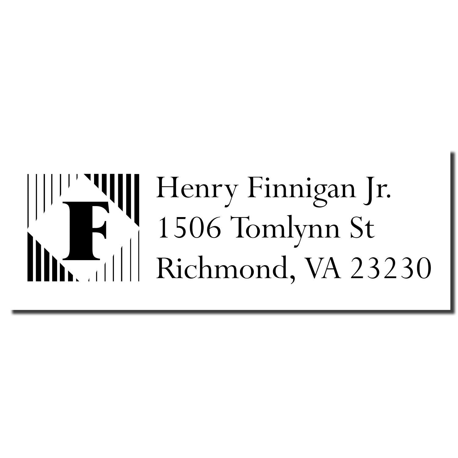 Custom monogram return address rubber stamp with Henry Finnigan Jr., 1506 Tomlynn St, Richmond, VA 23230.