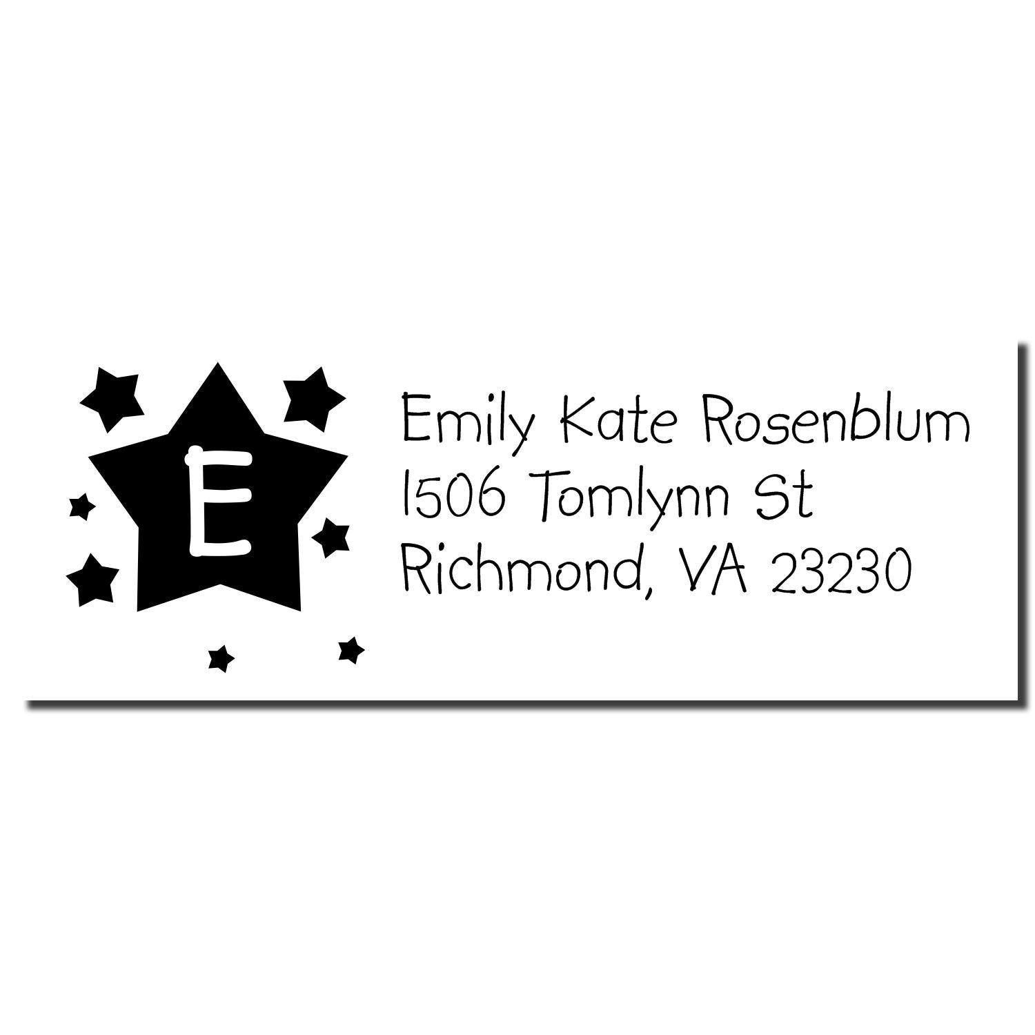 Personalized rubber address stamp with star monogram E for Emily Kate Rosenblum, Richmond, VA 23230.