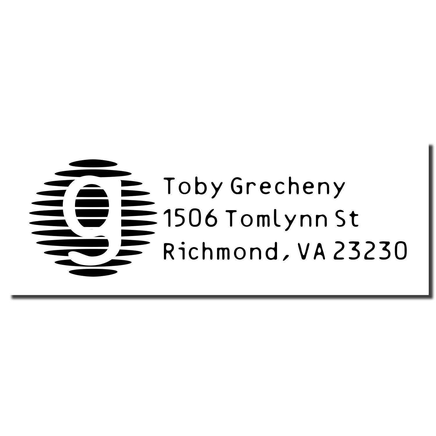 Custom address rubber stamp with monogram G for Toby Grecheny, 1506 TomLynn St, Richmond, VA 23230.