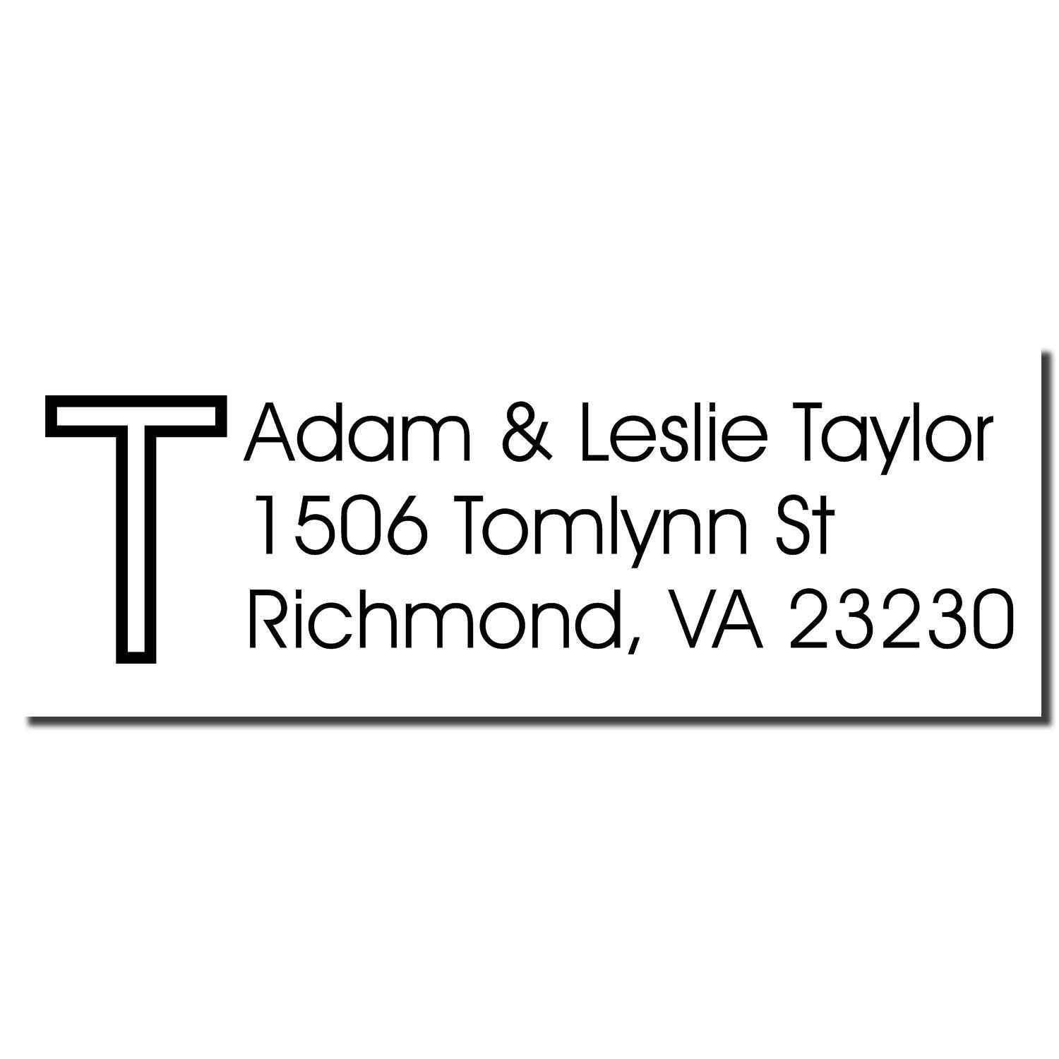 Custom return address rubber stamp with monogram T for Adam & Leslie Taylor, Richmond, VA 23230