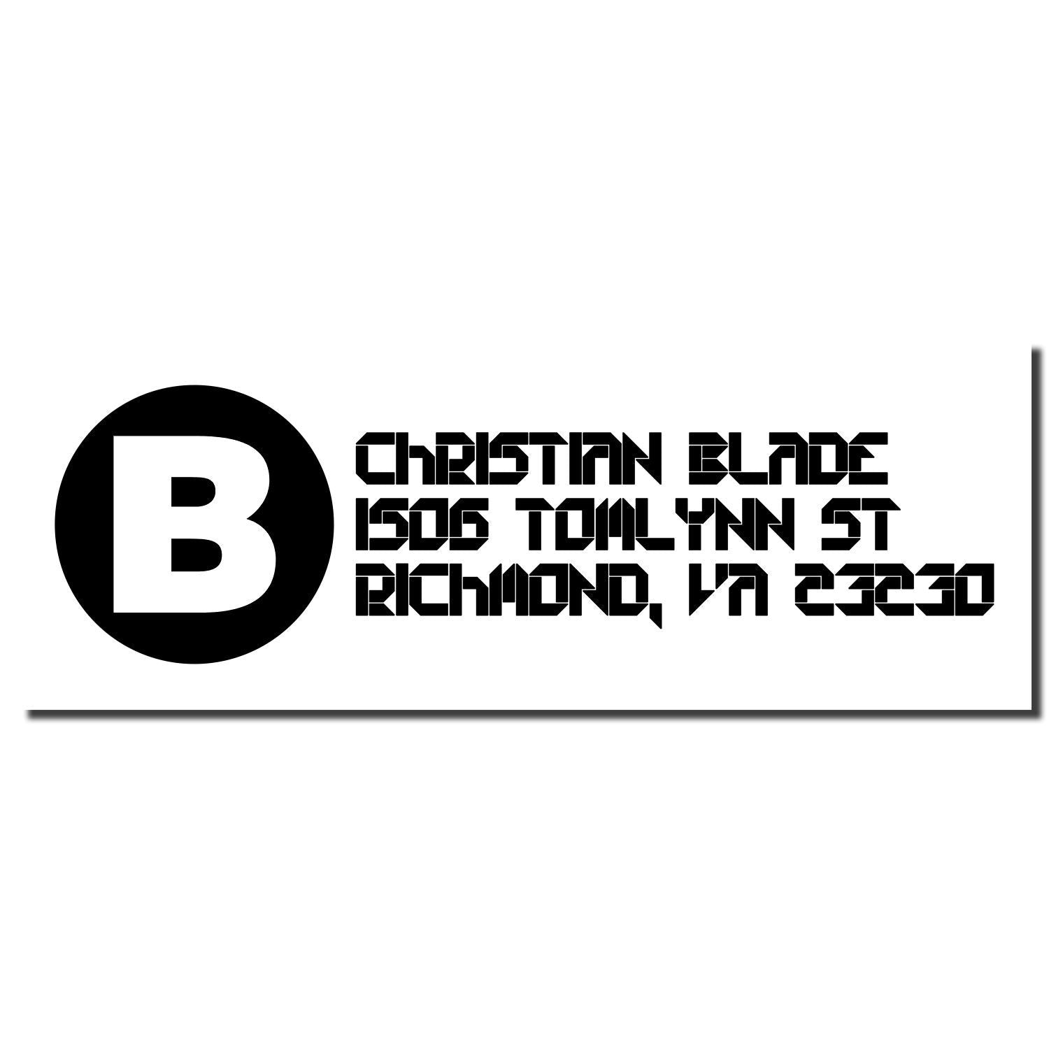 Custom rubber stamp design with B monogram and Christian Blade address, 806 Tommyynn St, Richmond, VA 23230.