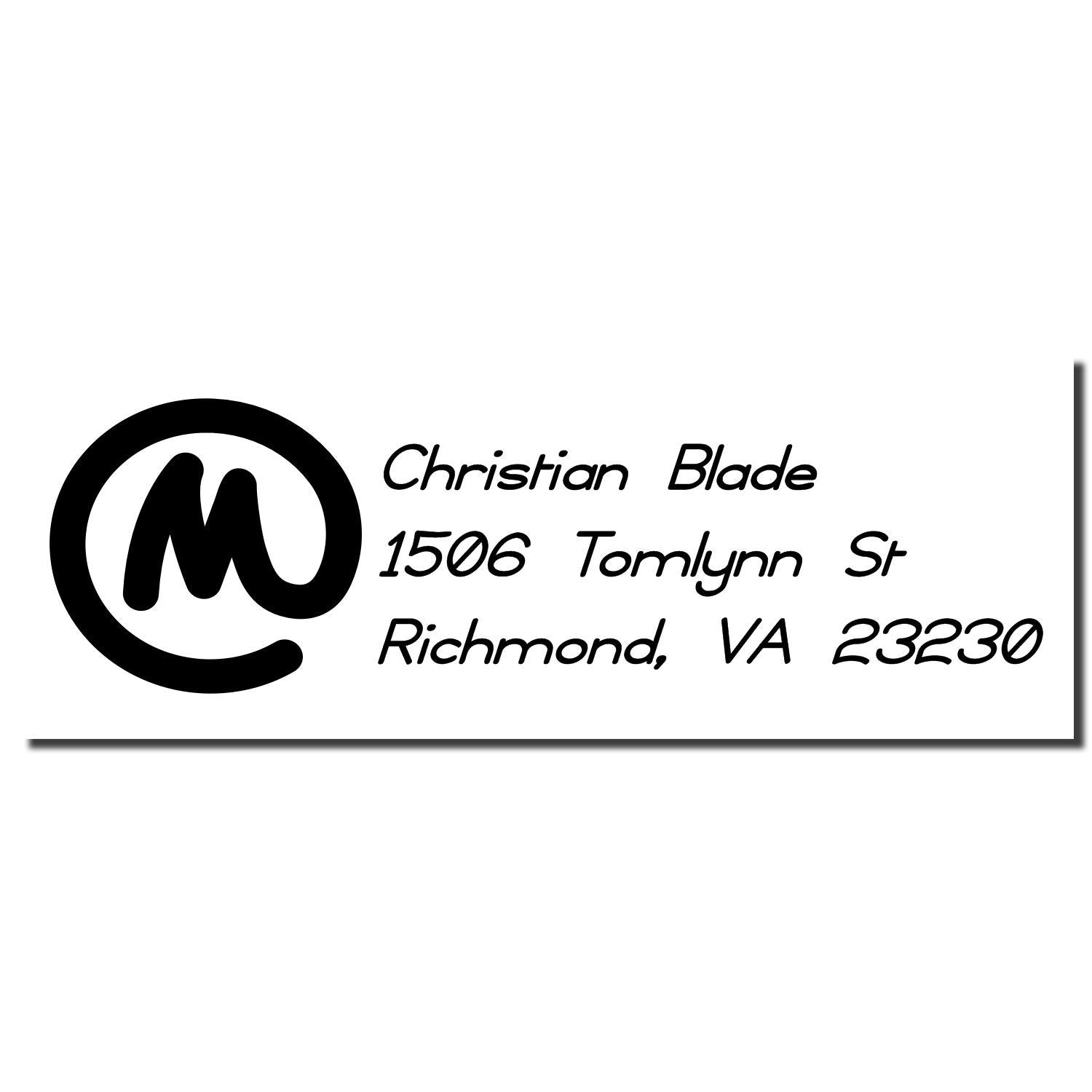Custom address rubber stamp with monogram logo for Christian Blade, 1506 Tomlynn St, Richmond, VA 23230.