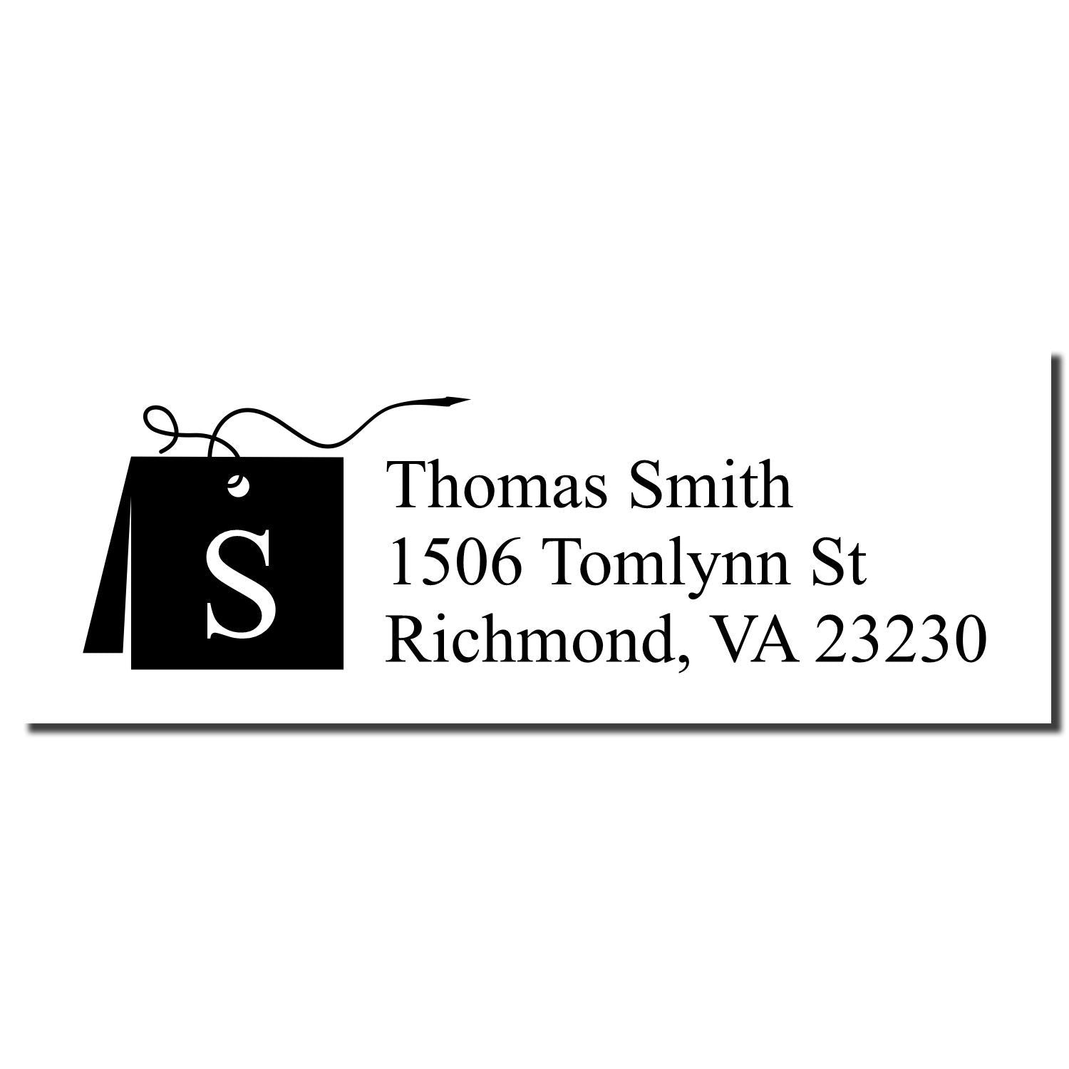 Custom return address rubber stamp with monogram S for Thomas Smith, 1506 Tomlynn St, Richmond, VA 23230.
