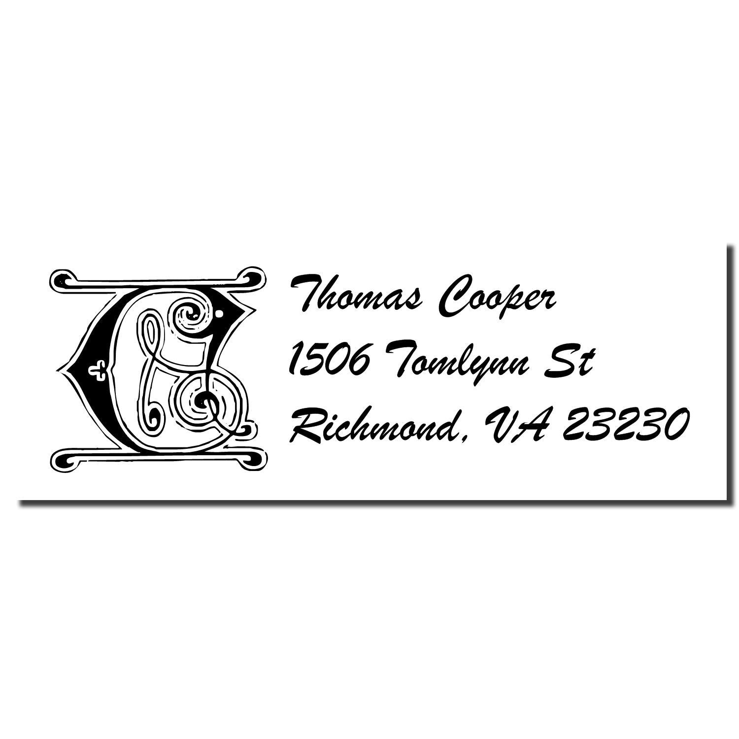 Custom return address rubber stamp with ornate C monogram for Thomas Cooper, 1506 Tomlynn St, Richmond, VA 23230.