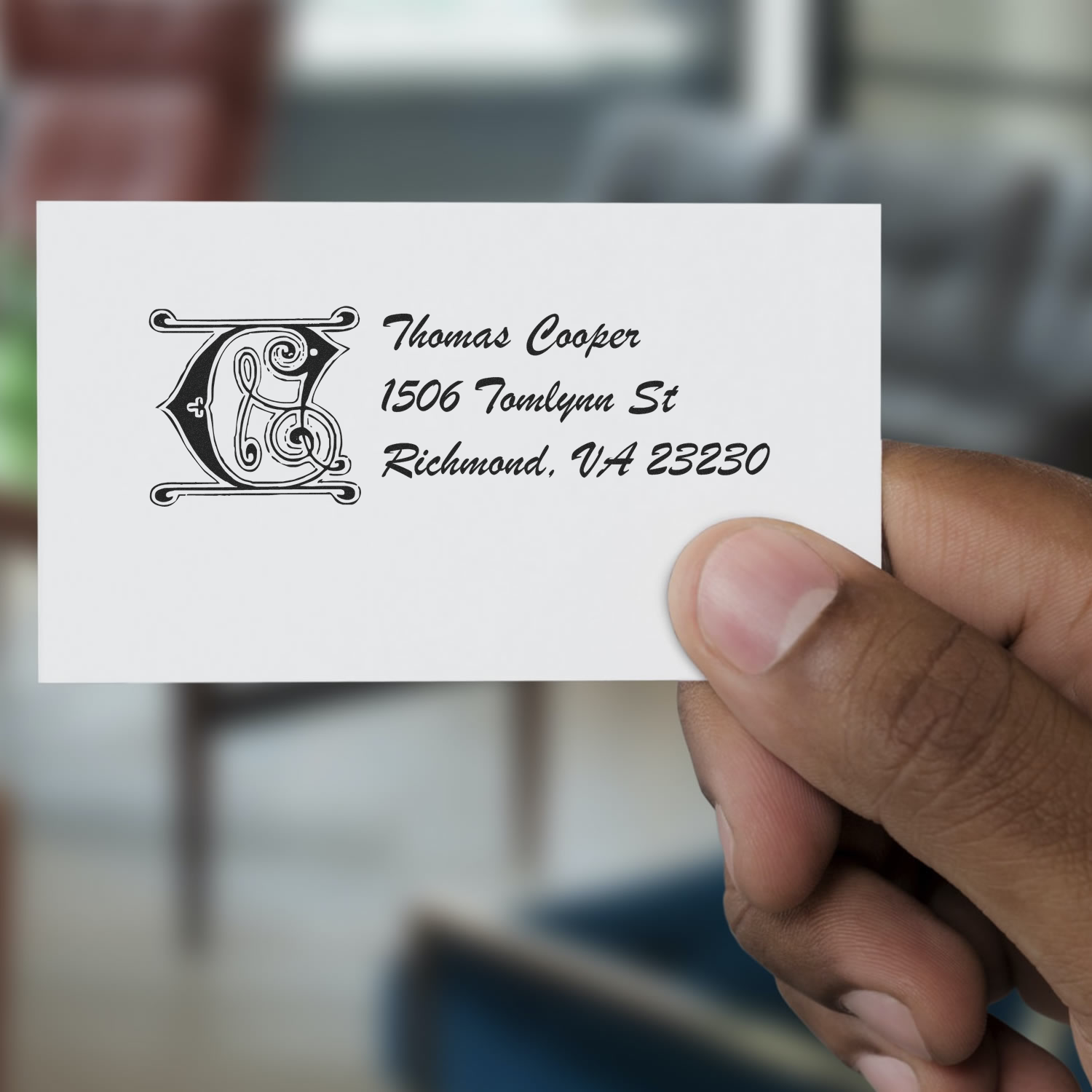 Custom monogram return address rubber stamp with name and address for personalized mailing and stationery.