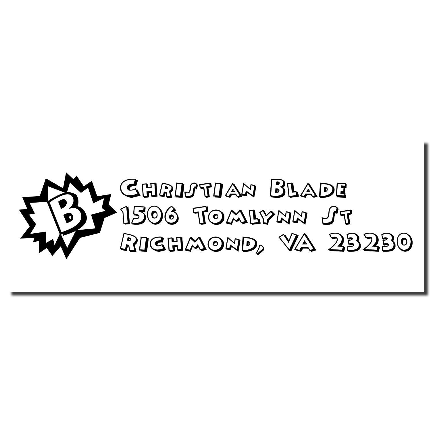 Custom rubber stamp design with Christian Blade name and Richmond, VA address for business mailing and branding use.