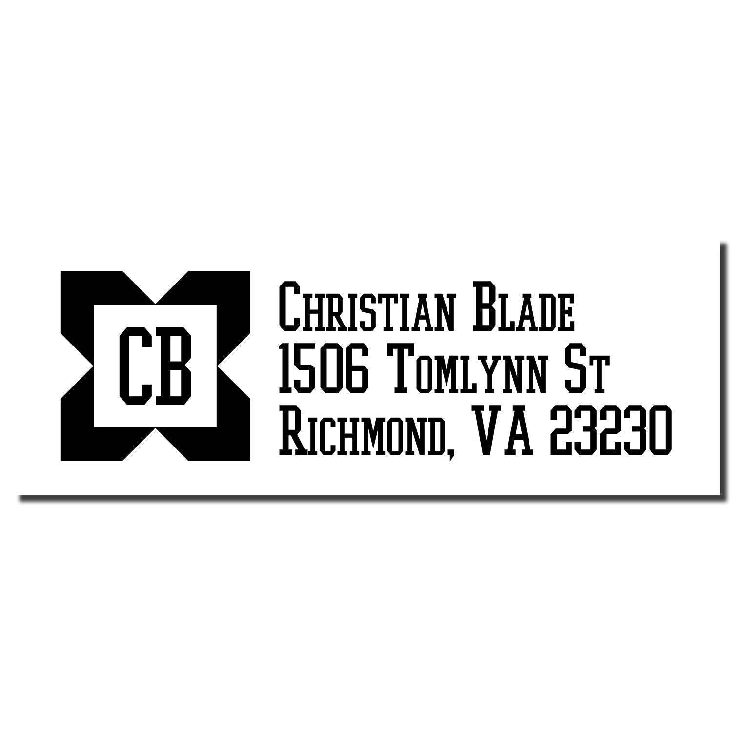 Custom rubber stamp return address design with CB logo, Christian Blade, 1506 Tomlynn St, Richmond, VA 23230