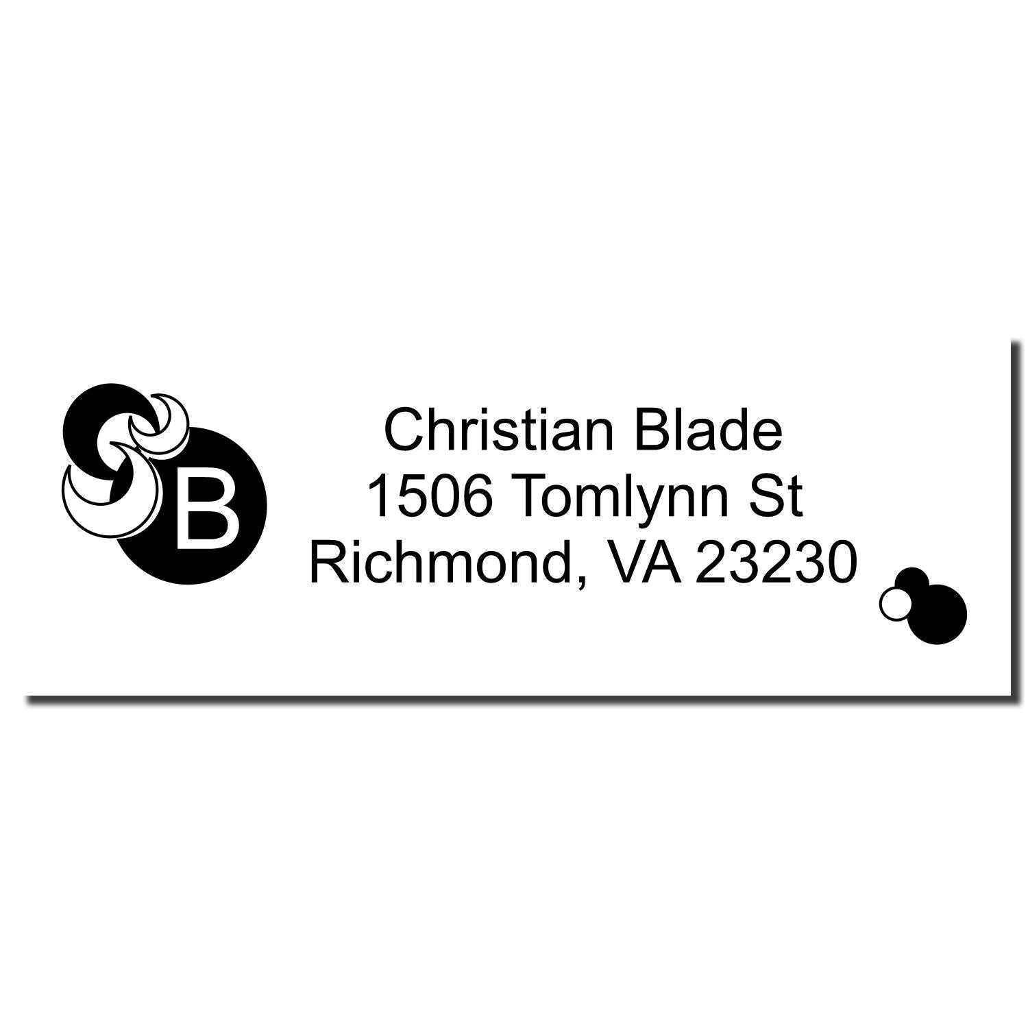 Custom return address rubber stamp for Christian Blade, Richmond, VA 23230, with modern CB monogram logo.