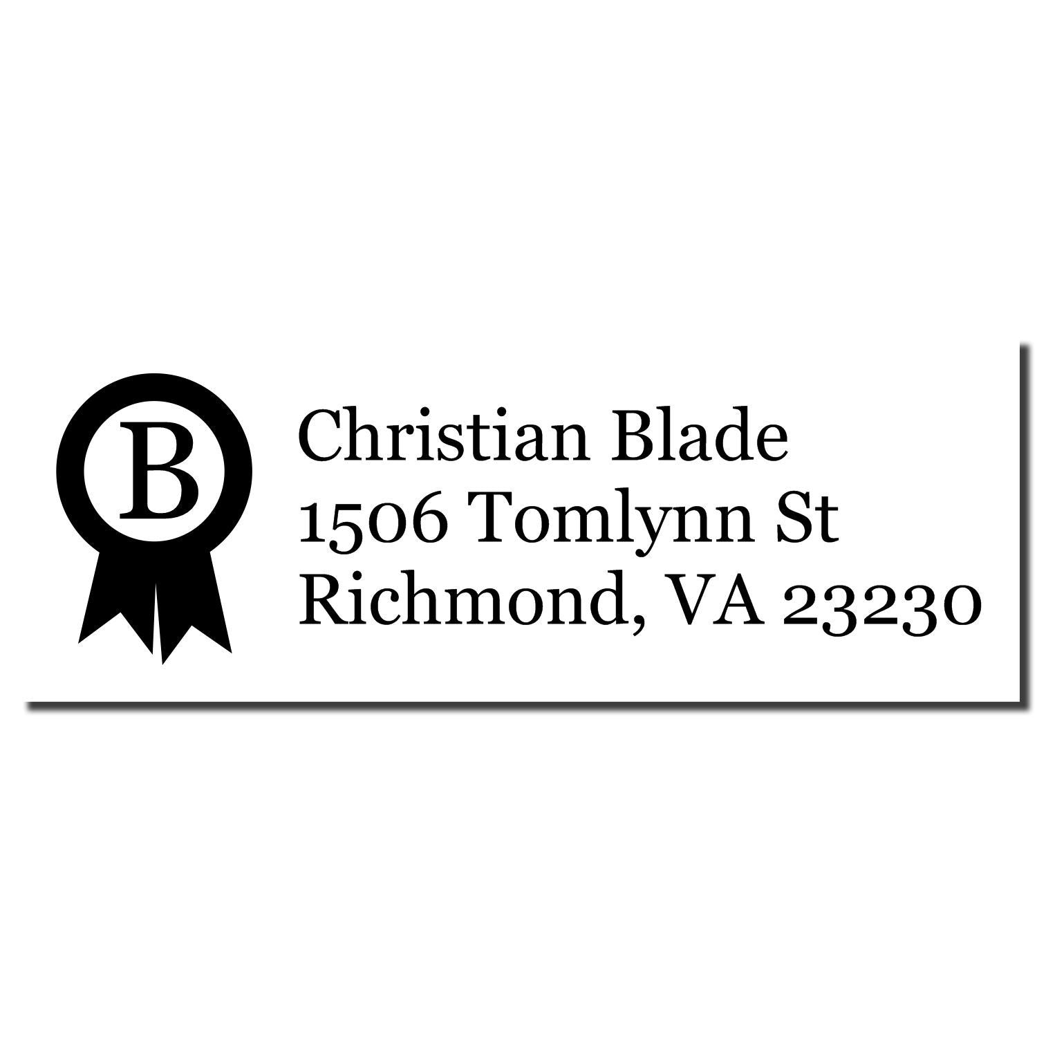 Custom Christian Blade return address rubber stamp with monogram B and Richmond, VA 23230.
