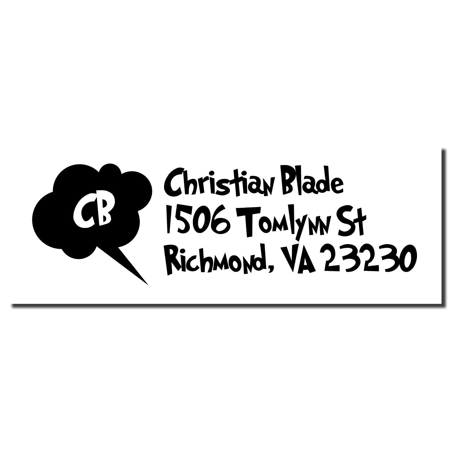 Custom return address rubber stamp for Christian Blade, 1506 Tomlynn St, Richmond, VA 23230, with CB logo.