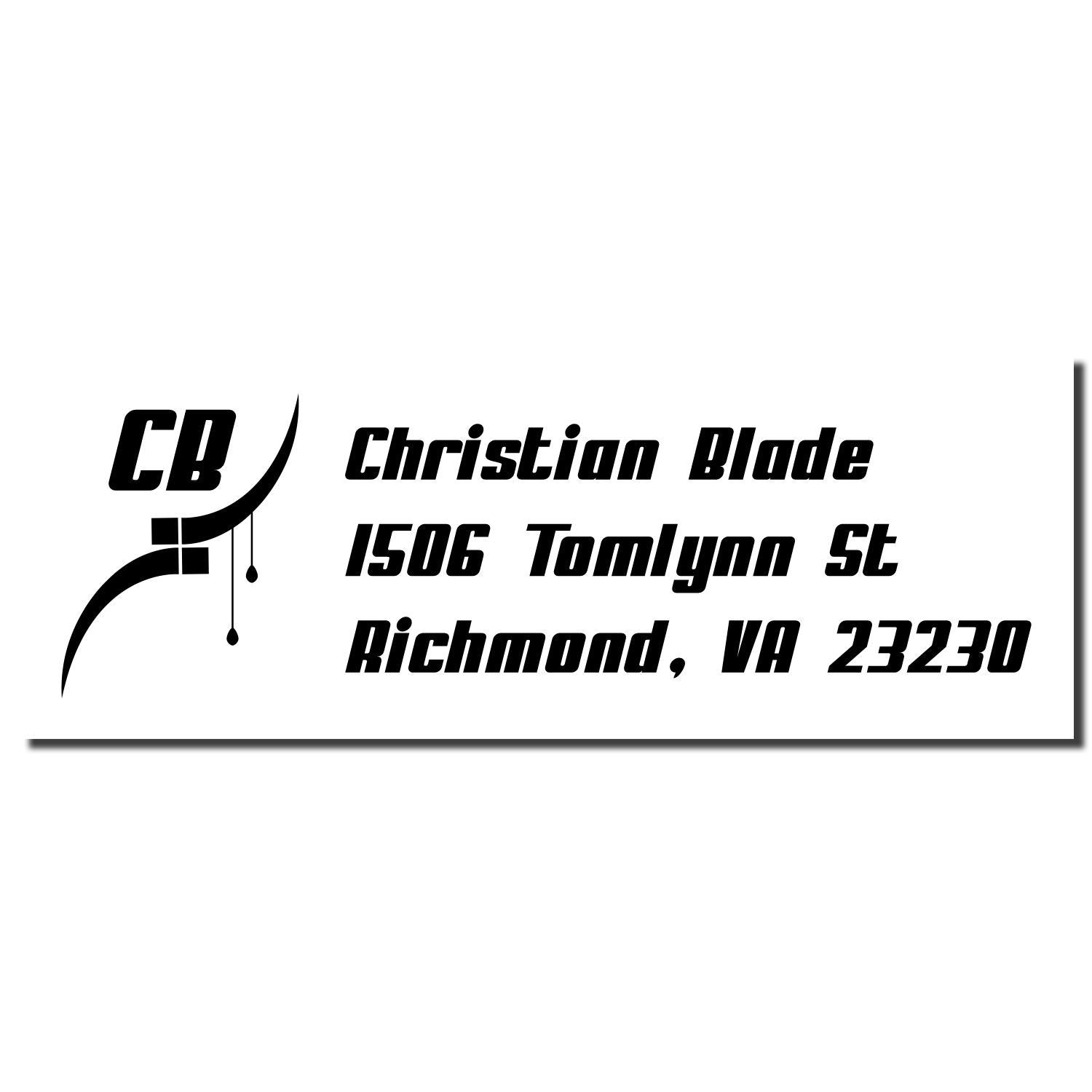 Custom Christian Blade business address stamp with logo, 1506 Tomlynn St, Richmond, VA 23230.