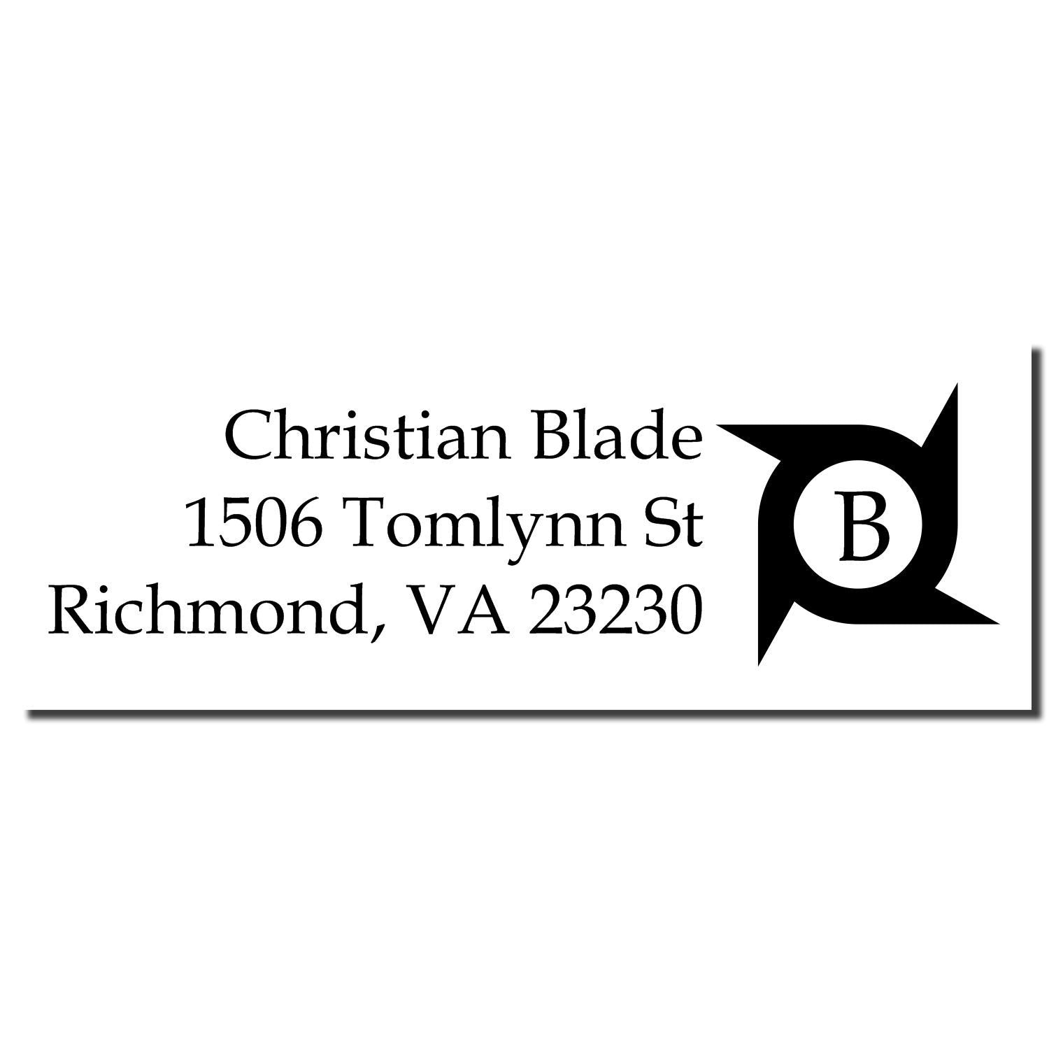 Custom rubber stamp with Christian Blade return address, 1506 Tomlynn St, Richmond, VA 23230, and B logo