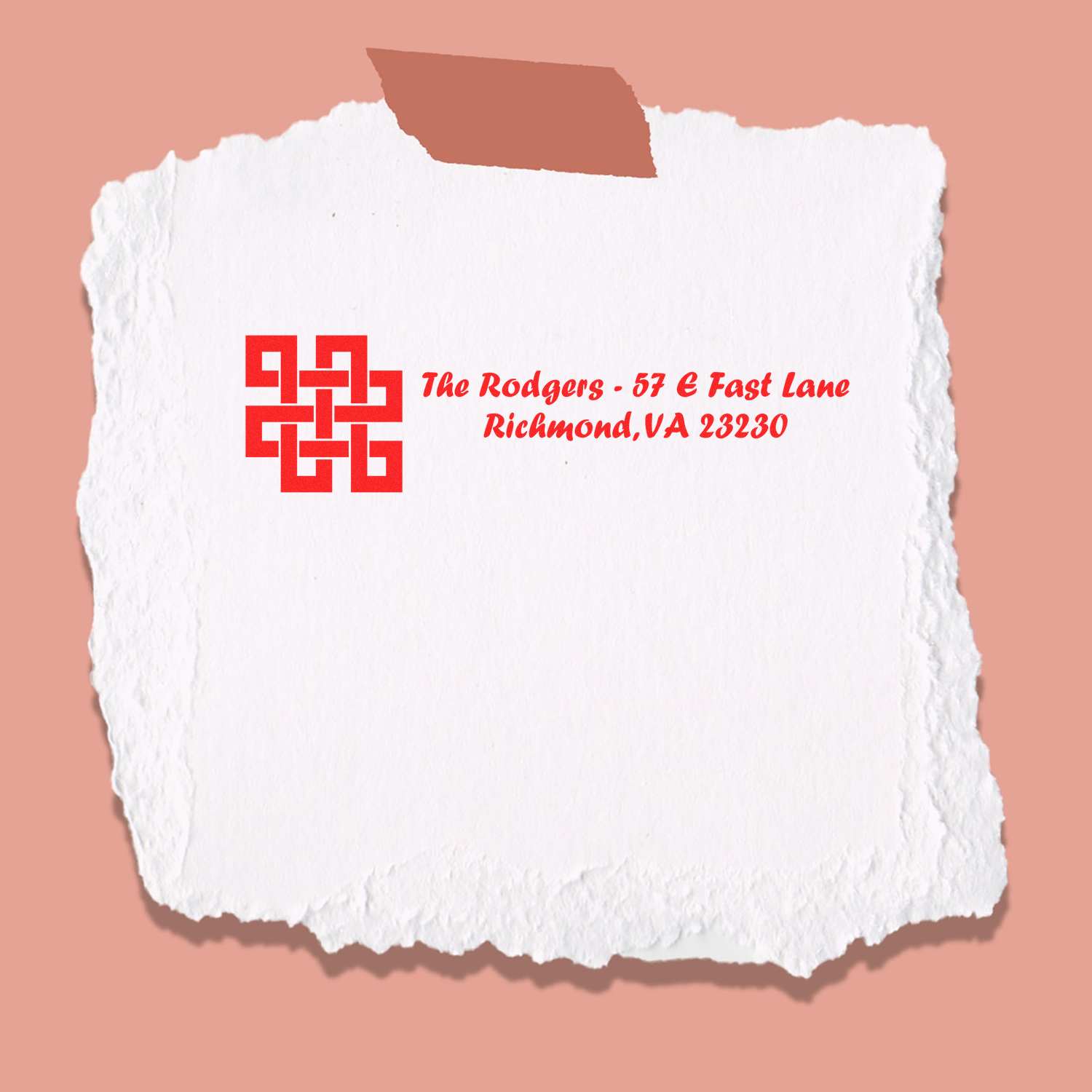 Custom rubber address stamp for The Rodgers, 57 E East Lane, Richmond, VA 23230, with modern monogram logo