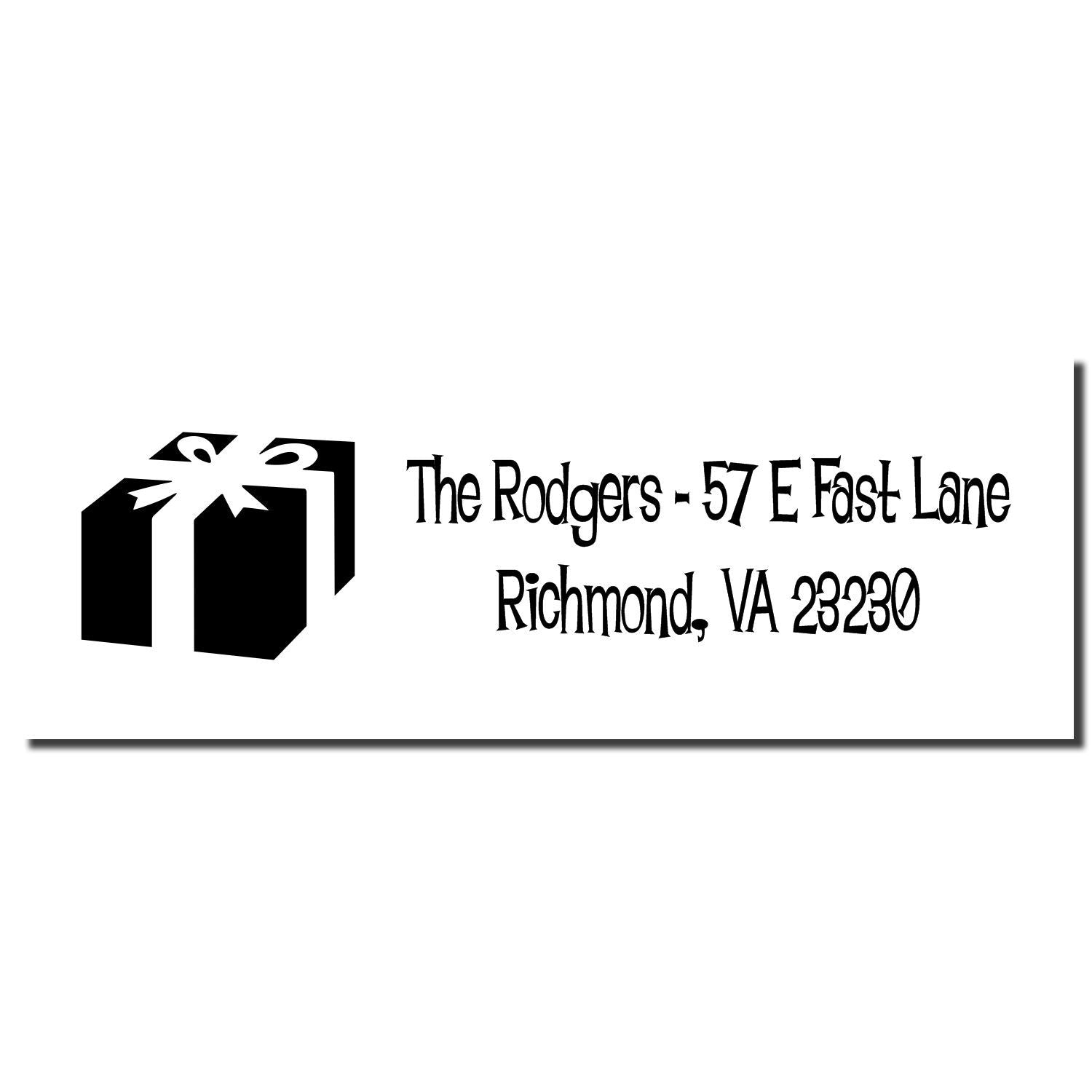 Custom return address rubber stamp with gift box icon, The Rodgers, 57 E Fast Lane, Richmond, VA 23230.