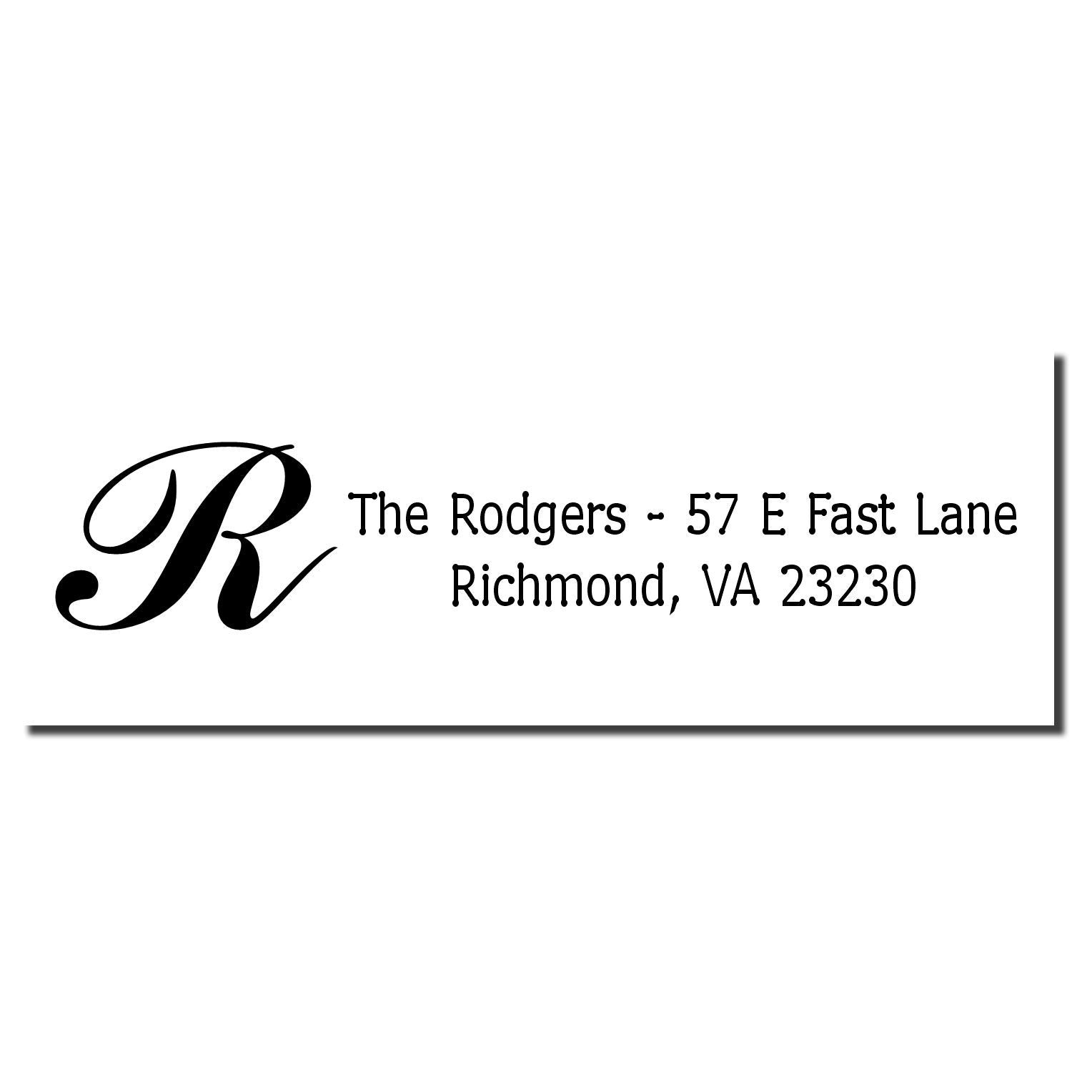 Custom return address rubber stamp with script R monogram for The Rodgers, 57 E Fast Lane, Richmond, VA 23230