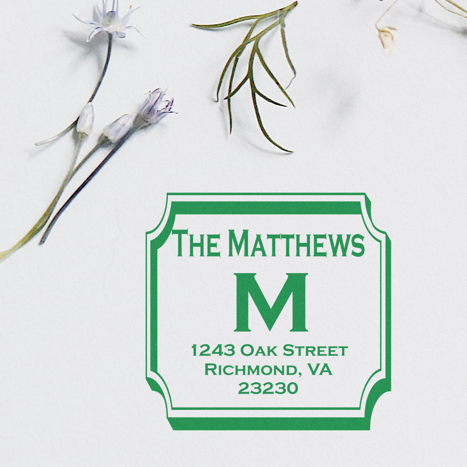 Personalized return address rubber stamp with monogram M for The Matthews, Richmond, VA 23230