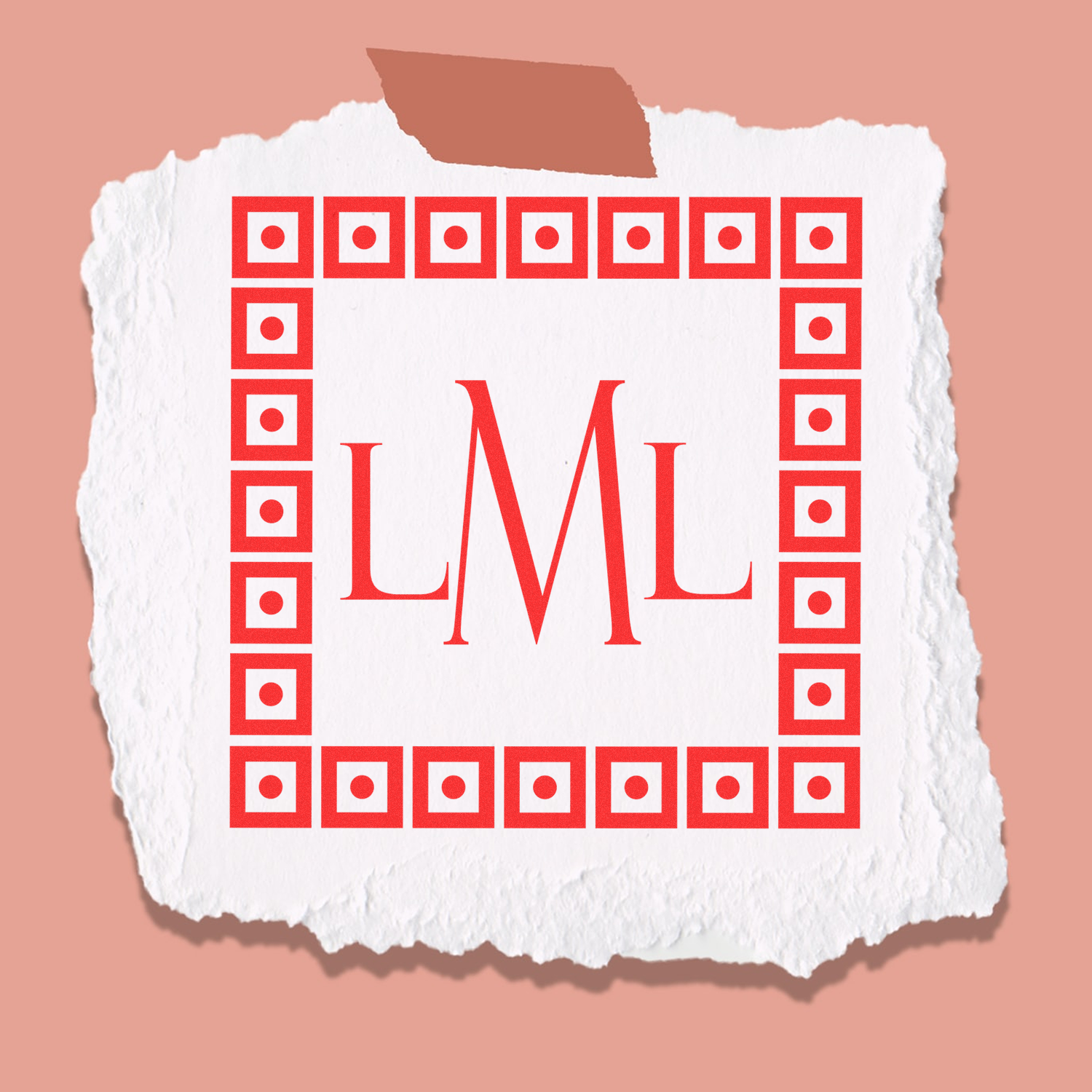 Custom LML monogram rubber stamp design with red geometric border on torn paper background.