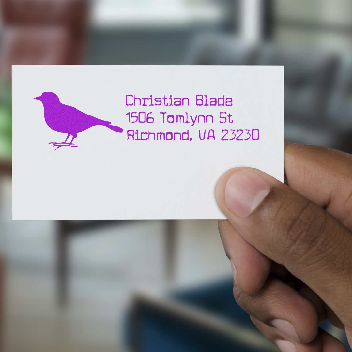 Custom address rubber stamp proof with purple bird logo for Christian Blade, Richmond, VA 23230