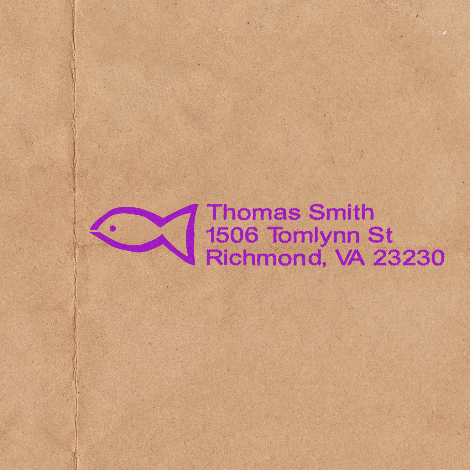 Custom rubber address stamp with fish logo for Thomas Smith, Richmond, VA 23230.