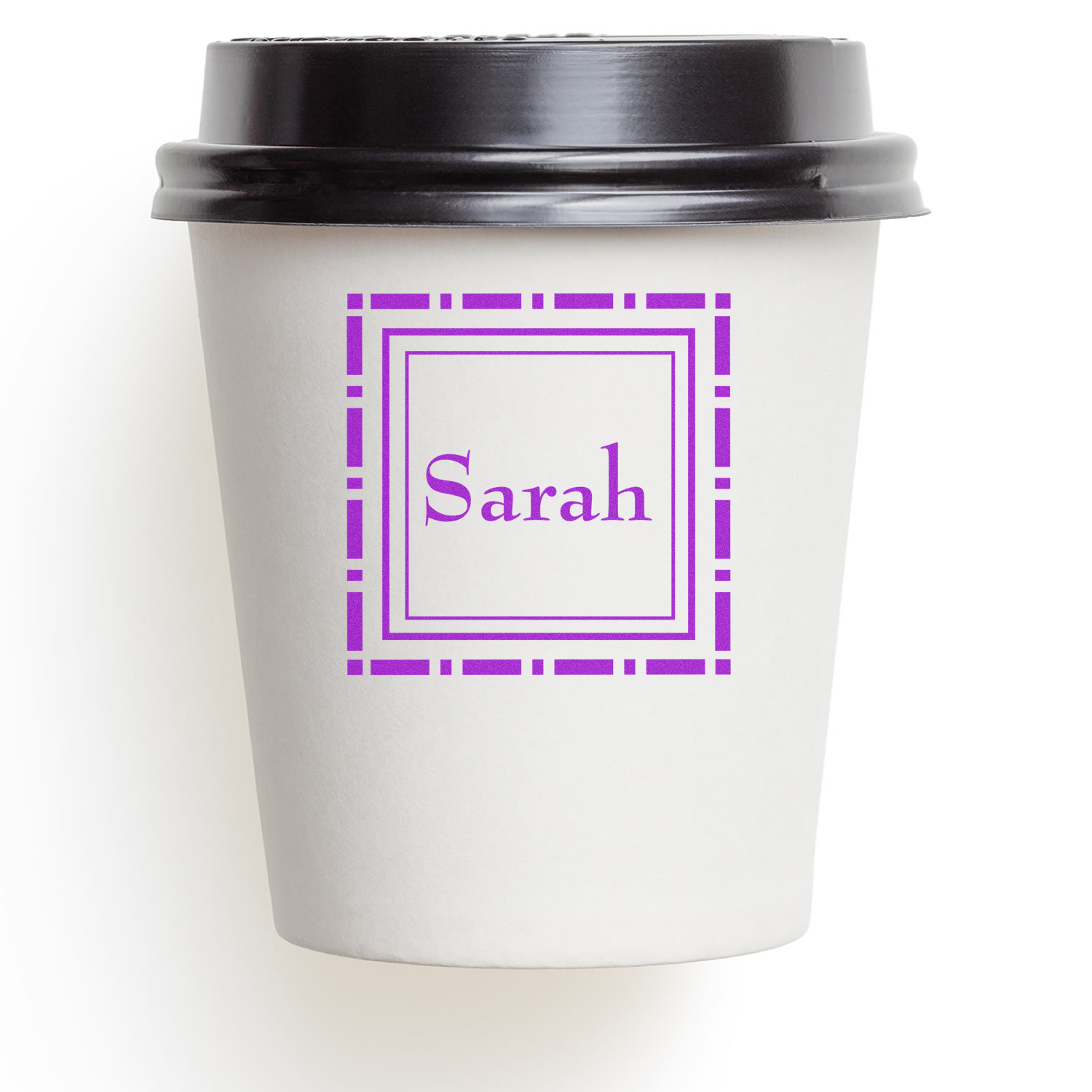 Custom rubber stamp design for coffee cups with purple border and name Sarah
