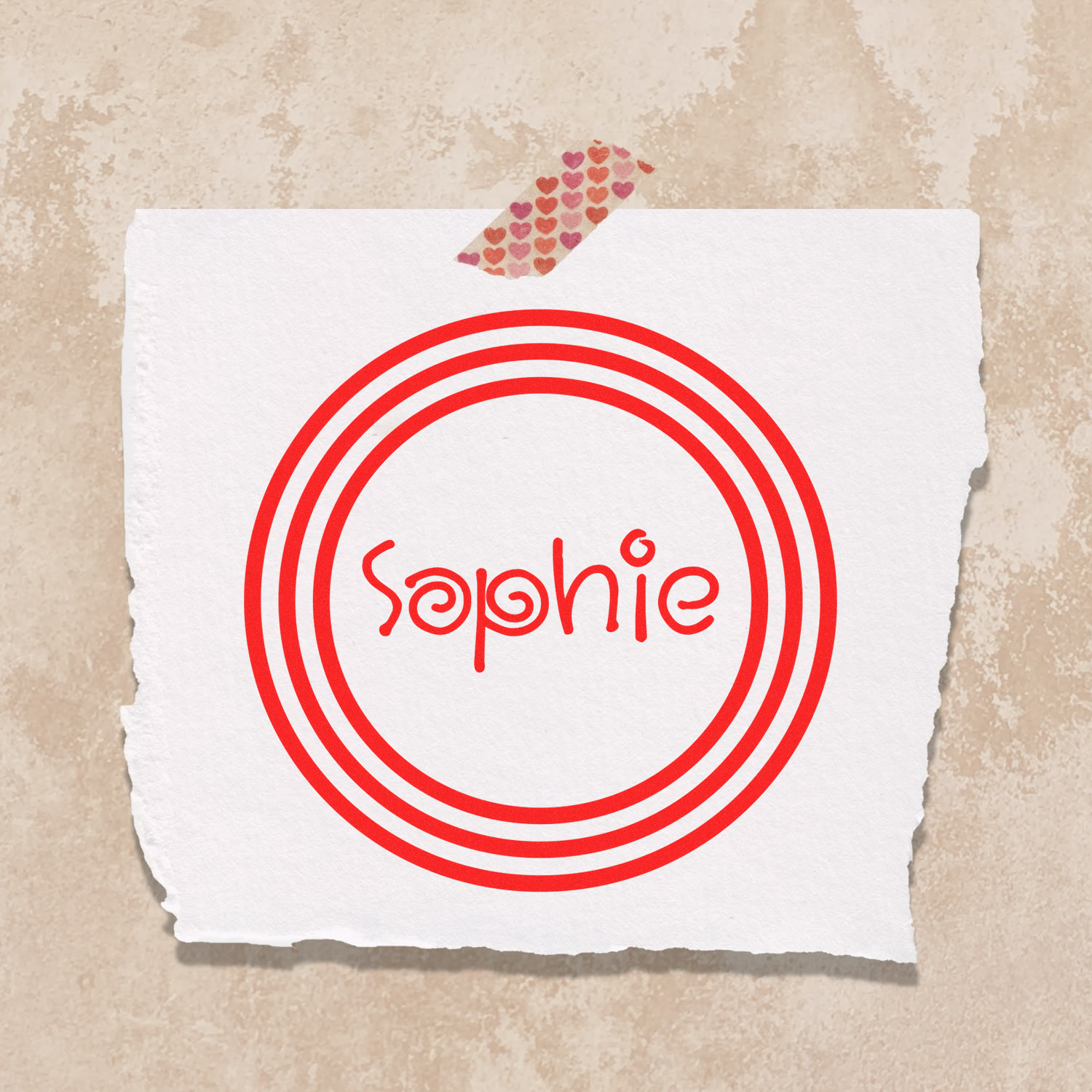 Sophie brand logo on white card with red concentric rings and heart accents, Valentine-style love message artwork.