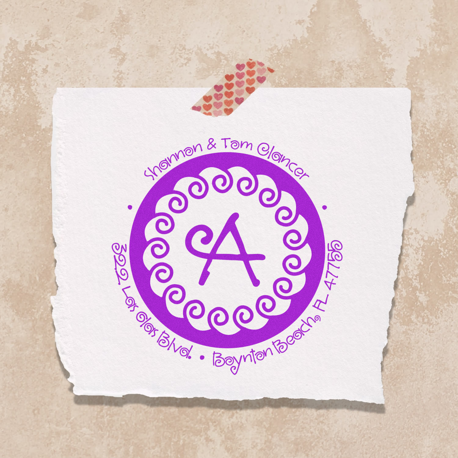 Personalized anniversary monogram with purple A for Yehon & Tom, surrounded by hearts, on textured paper card.