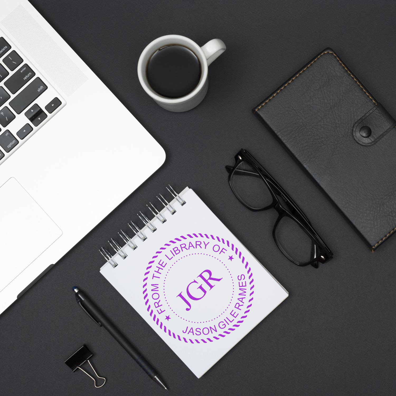 Custom personalized library rubber stamp with initials JGR for marking books and notebooks