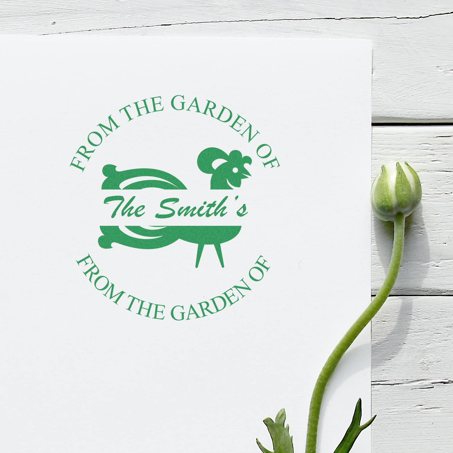 Custom garden rubber stamp with rooster design and personalized From the Garden of The Smiths for produce labels.