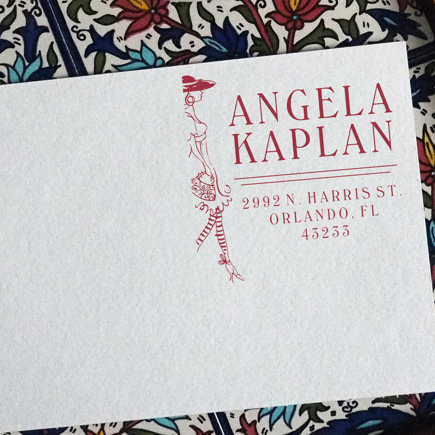 Custom address rubber stamp with fashion woman illustration for Angela Kaplan return address, Orlando, FL.