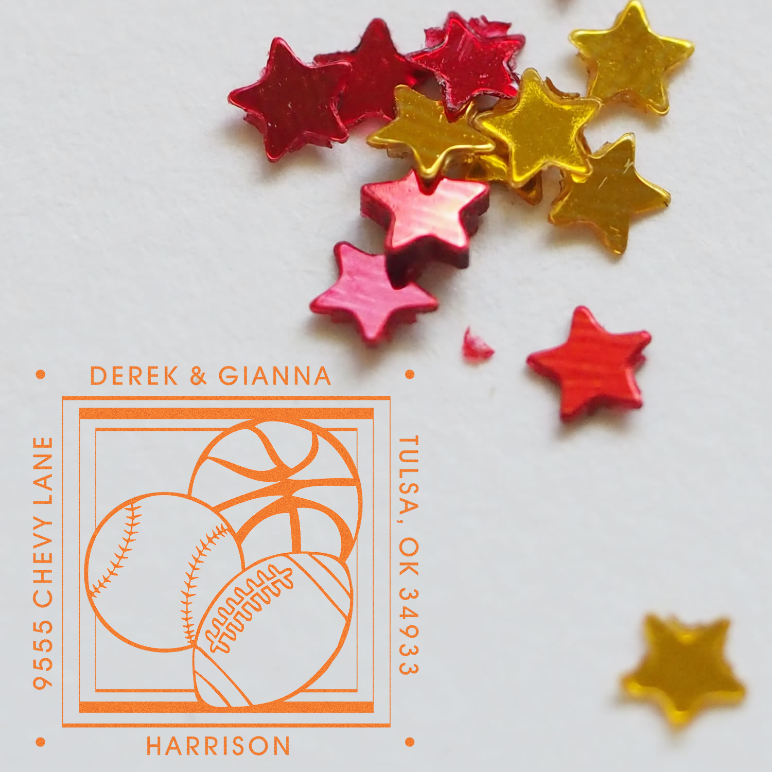 Personalized sports-themed return address rubber stamp for Derek & Gianna, with custom name and address layout.