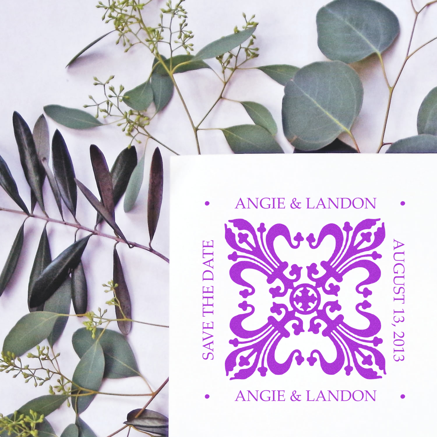 Custom wedding rubber stamp with ornate purple monogram for Angie & Landon, Save the Date August 13, 2013.