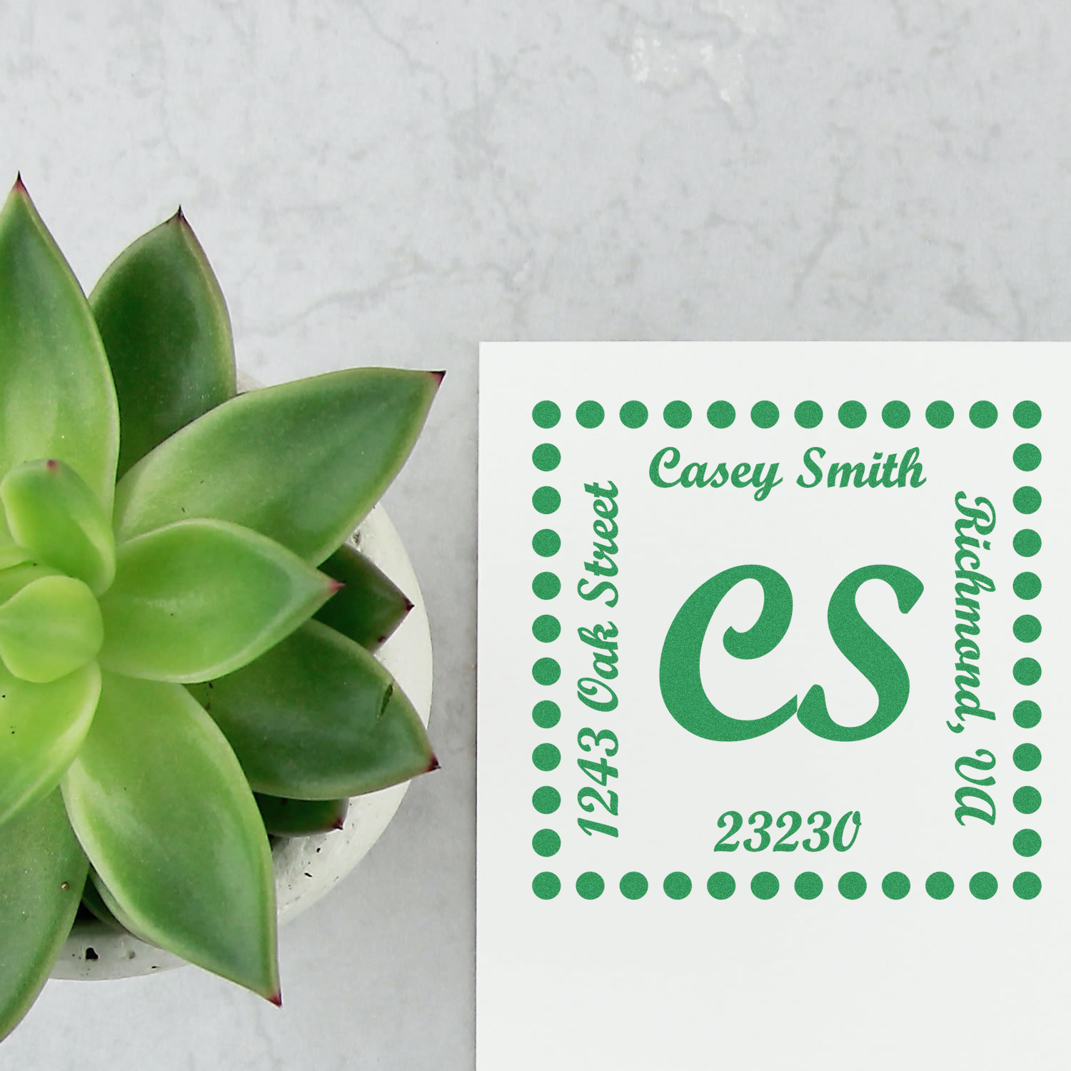Personalized return address rubber stamp with monogram CS, Casey Smith, 1243 Oak Street, Richmond, VA 23230