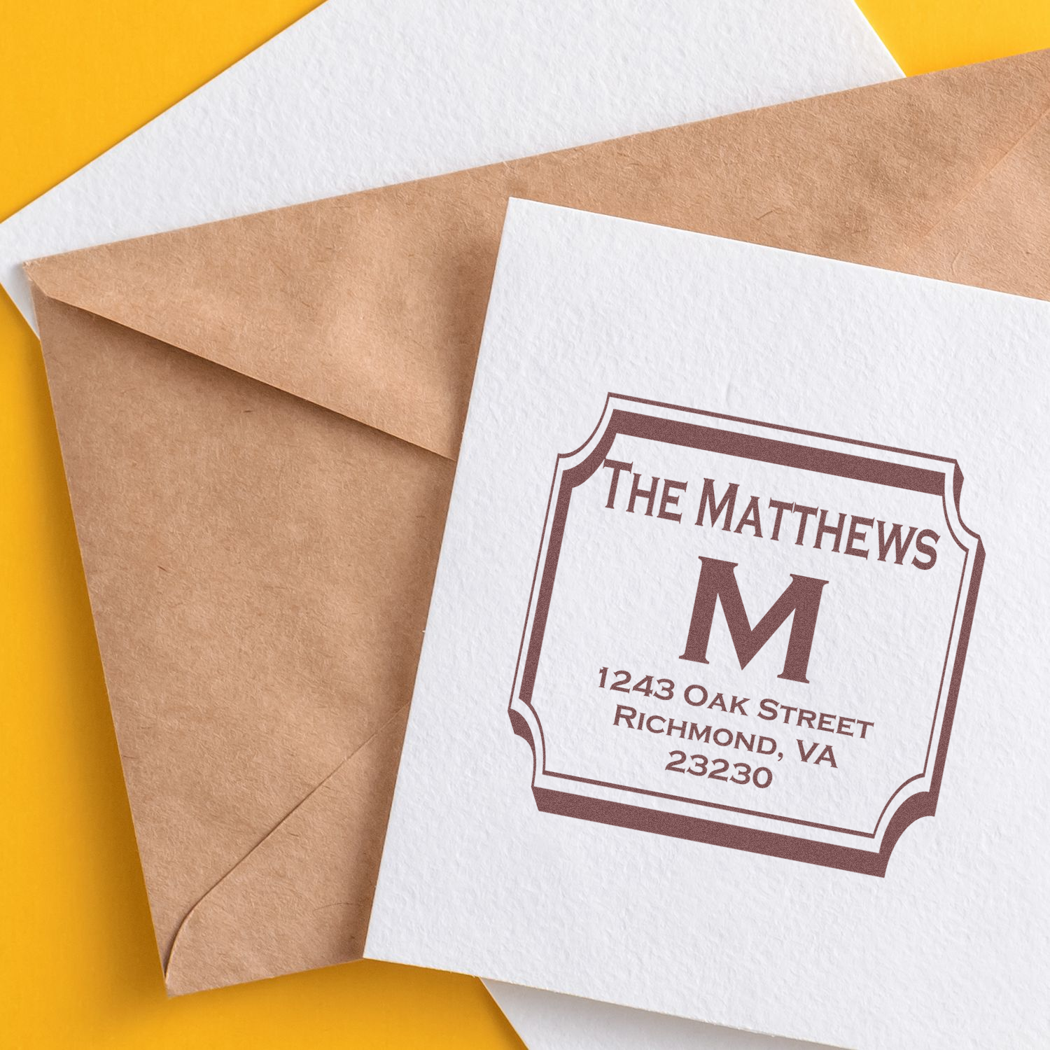 Personalized return address rubber stamp for The Matthews, featuring a monogram M on envelope and stationery.